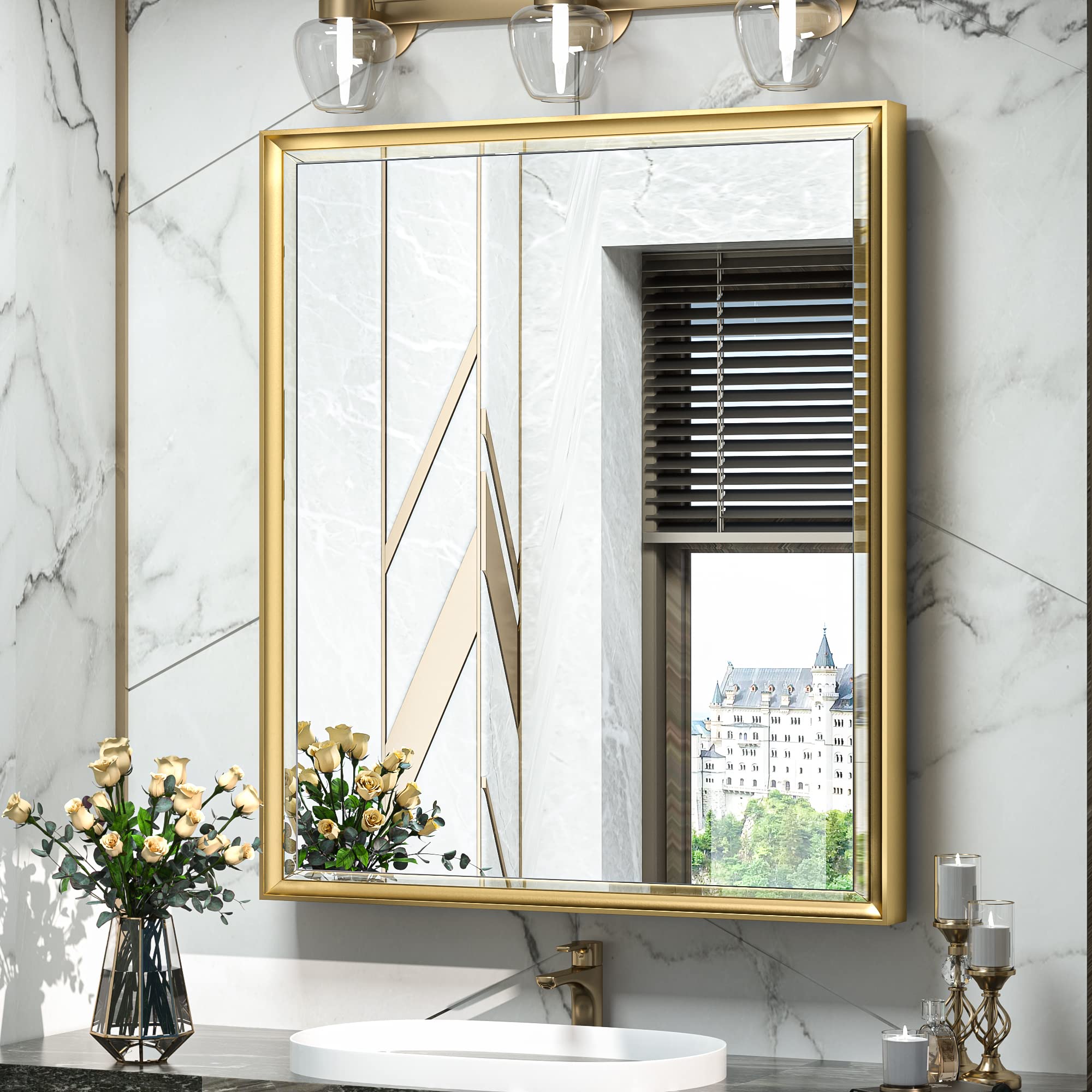 TokeShimi Medicine 30x26 Bathroom Vanity Mirror Gold Metal