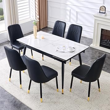 Extendable Dining Table Set for 6, 55to 78.8 Rectangular Thickened Sintered Stone Kitchen Table with 6 Upholstered Chairs, Modern Space Saving 7-Piece Dinner Table Set