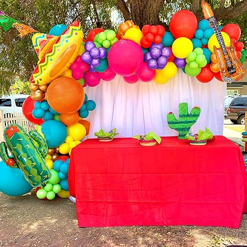 Miniatura 3 de Decoraciones de fiesta mexicana, 134 unidades, guirnalda de globos de fiesta, kit de arco de cactus, sombrero, guitarra, globos para taco,
