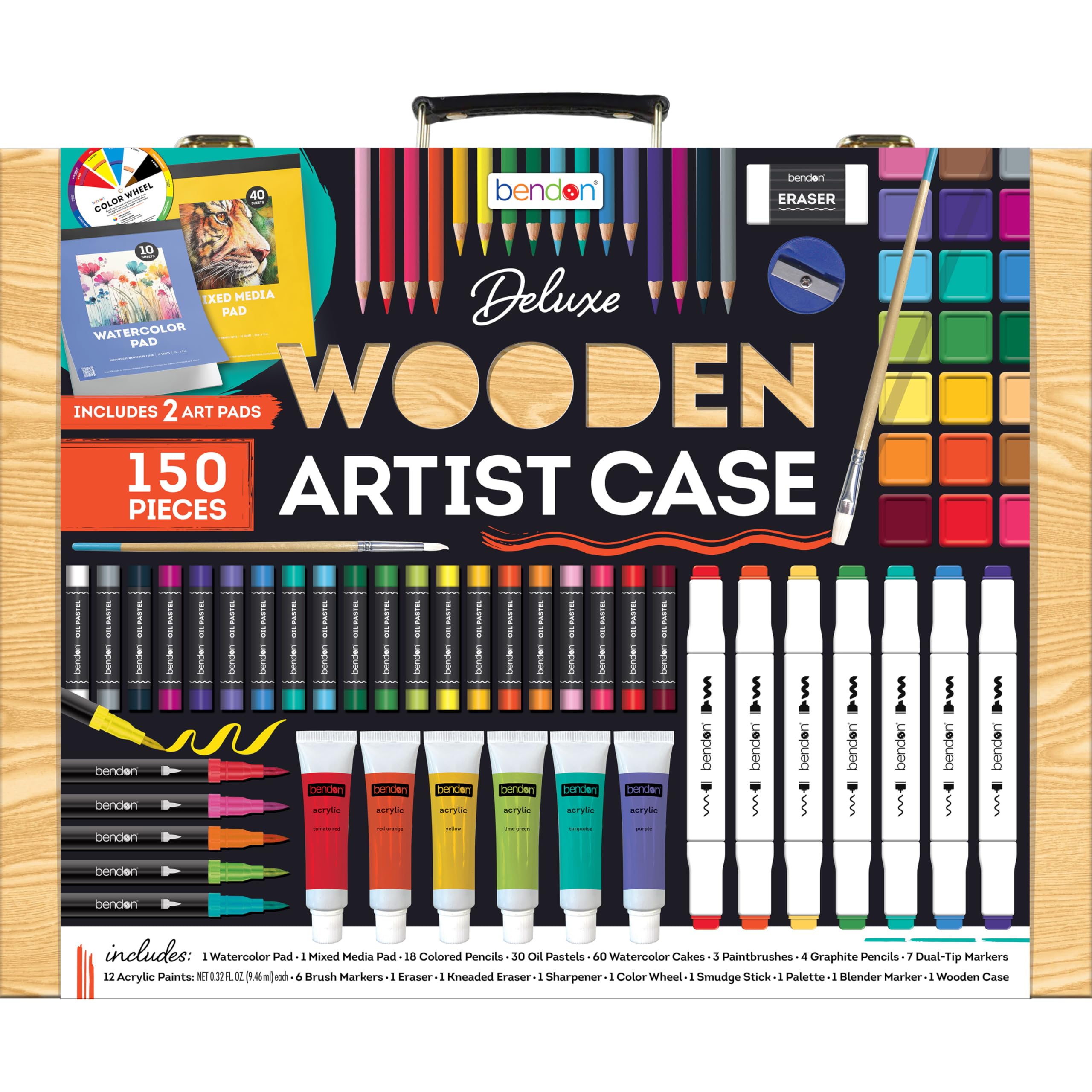 Bendon Deluxe Wooden Art Set for Kids – 150 Piece Premium Art Kit with Acrylic Paints, Watercolors, Colored Pencils & Markers – No-Filler, Non-Toxic,
