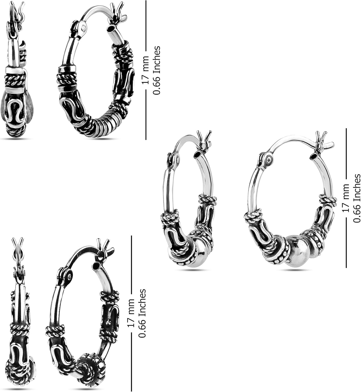 LeCalla 925 Sterling Silver Hoop Earrings | Earring Sets for Women | Set of 2 Pairs & 3 Pairs Balinese Hoops | Multiple Piercing Earring Sets for Women - Image 6