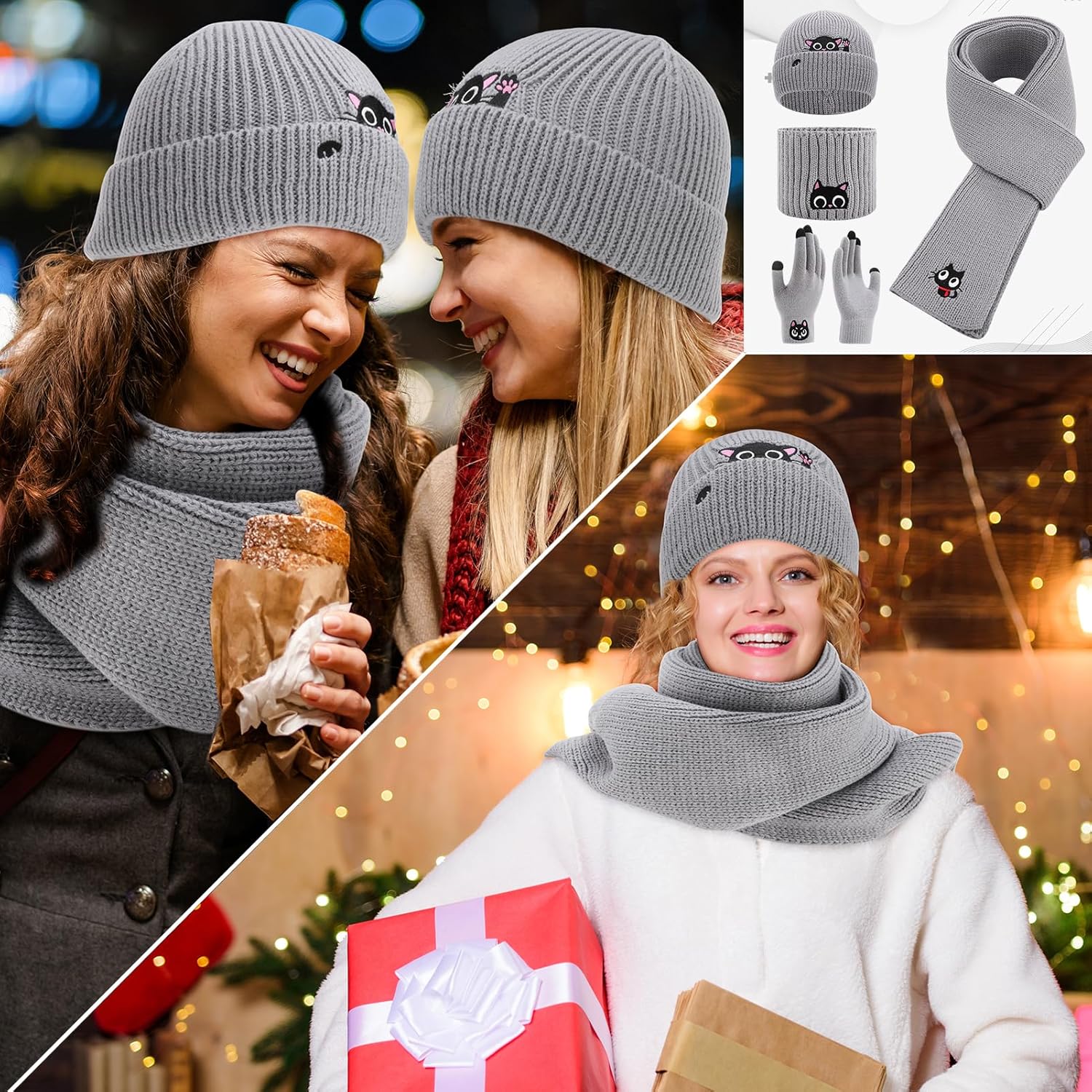 Women Winter Warm Knit Beanie Cat Hat with Headband Scarf Gloves Cat Lover Gifts Set for Women Teen Girls Grey - Image 7