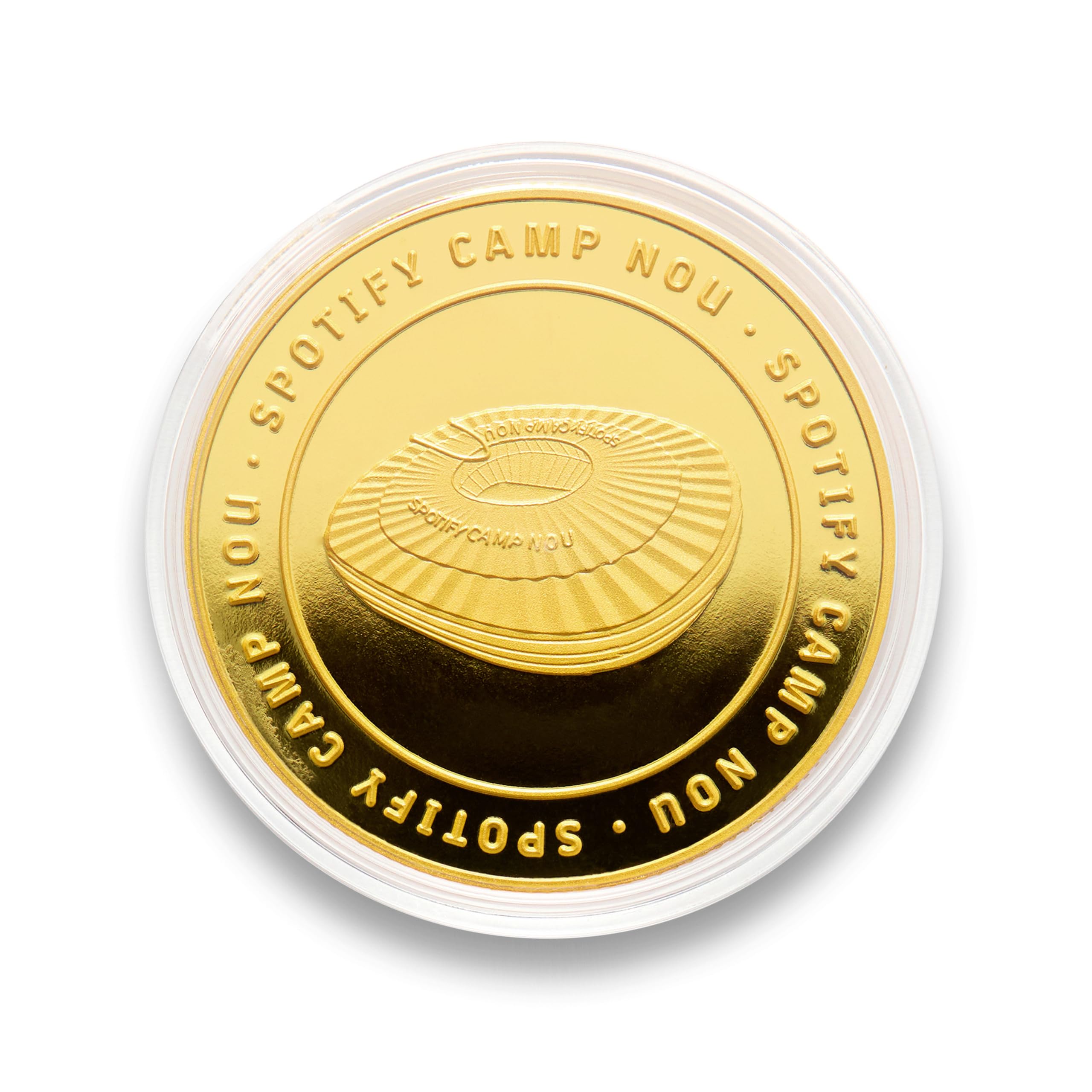 FC Barcelona 2025-26 Moneta da Collezione Ufficiale, Finitura Oro, Diametro 40mm, Incisione Spotify Camp NOU Stadium, Capsula Protettiva, Confezione per Tifosi