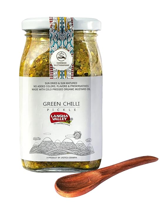 LANGHA VALLEY Homemade Green Chilli Pickle, Hari MIRCH KA ACHAR, Made with Cold-Pressed Organic Mustard Oil, Sun Dried and Sun Matured (360g)