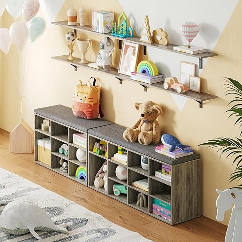 Miniatura 7 de DINZI LVJ Banco organizador de zapatos con cojín, zapatero de 9 cubos y estantes ajustables, multifuncional, para salas de estar, dormitorio, Gris