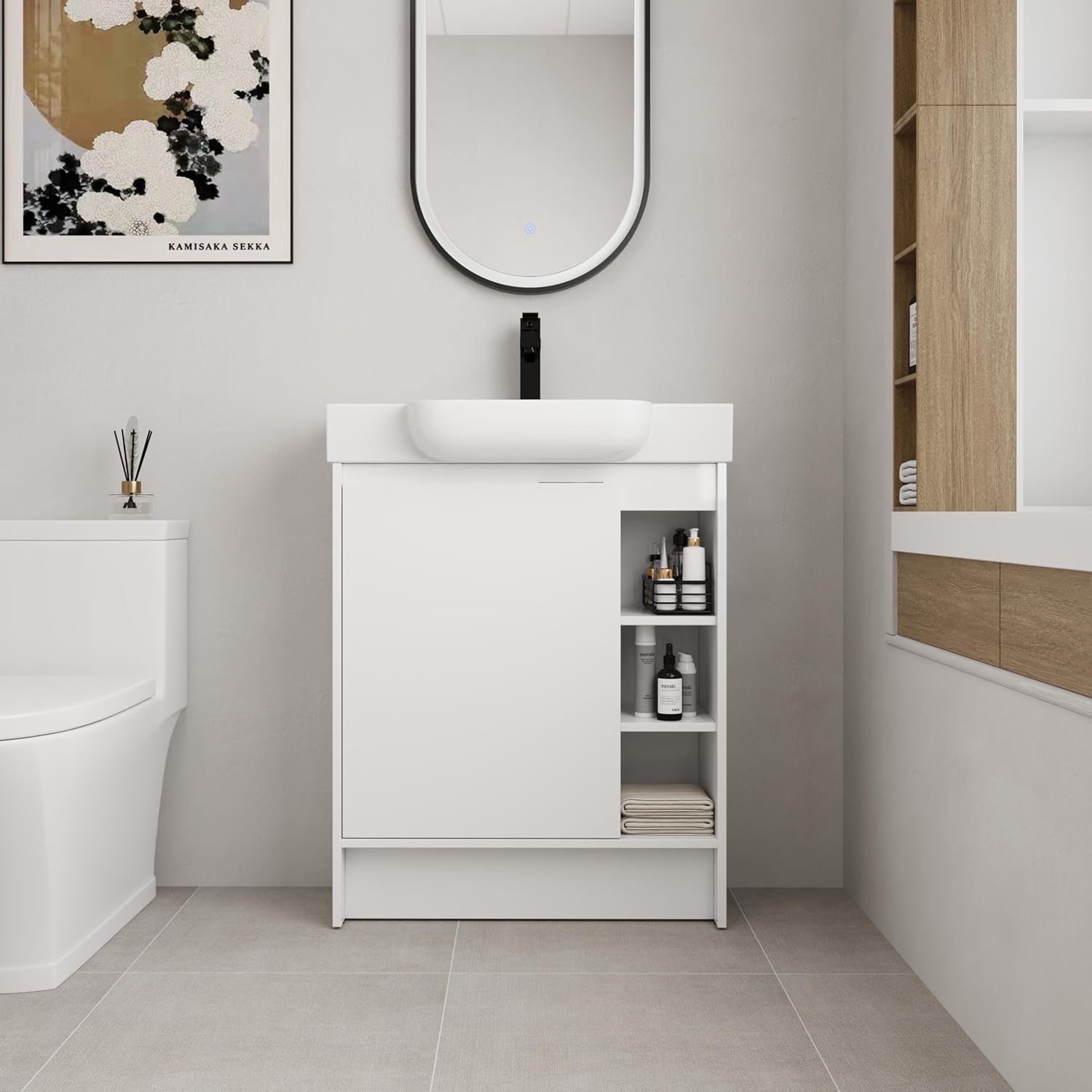 28 Inch Bathroom Vanity with Ceramic Sink, 28'' Single Sink White Freestanding Vanity with Open Storage Space, Soft-Closed Door & Hidden Handle, Adjustable Shelves