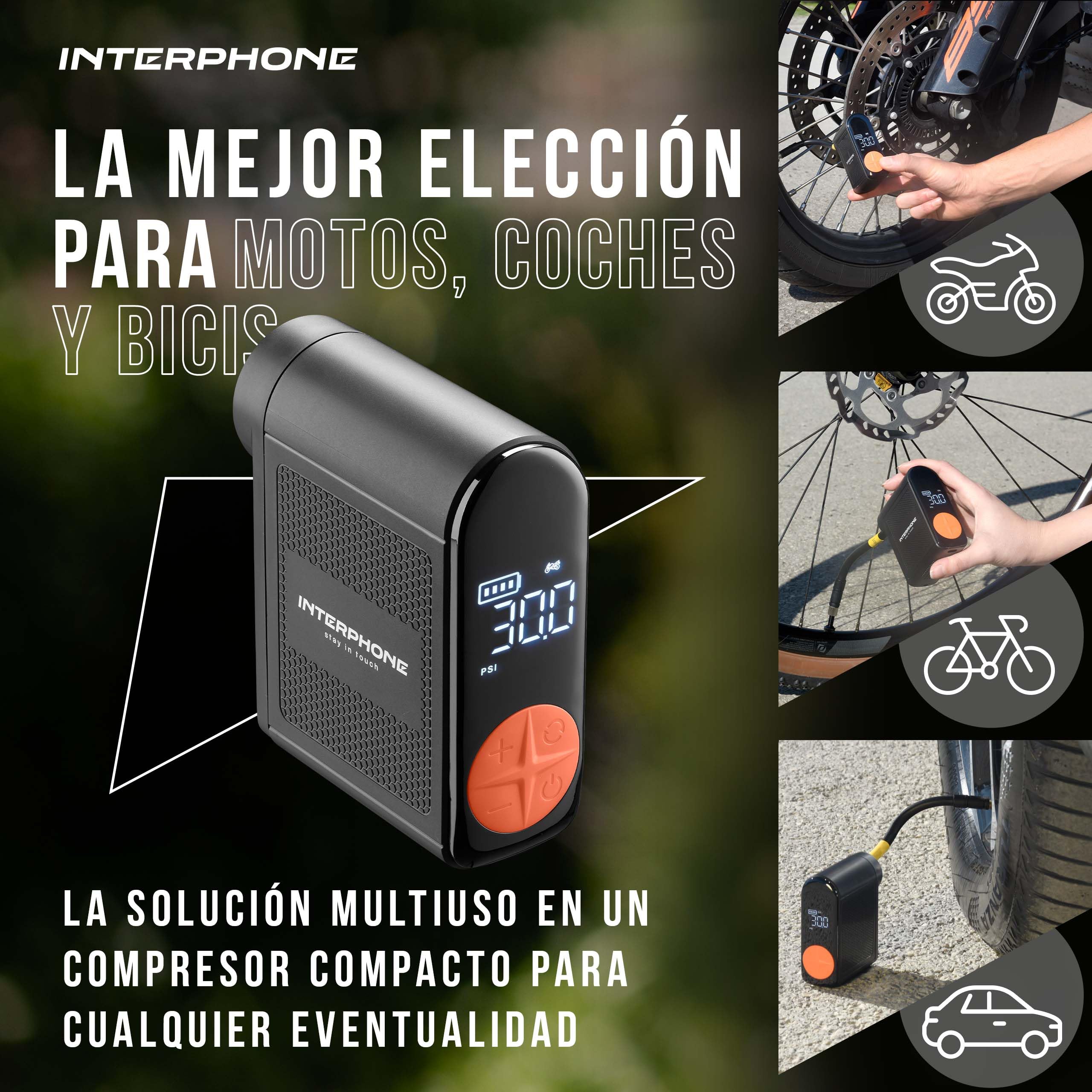INTERPHONE Akumulator przenośny kompresor do motocykla samochodowego roweru samochodowego - zestaw do pompowania opon - PowerBank - do 4 opon - 4 minuty z gumą - światło LED - wyświetlacz ciśnienia