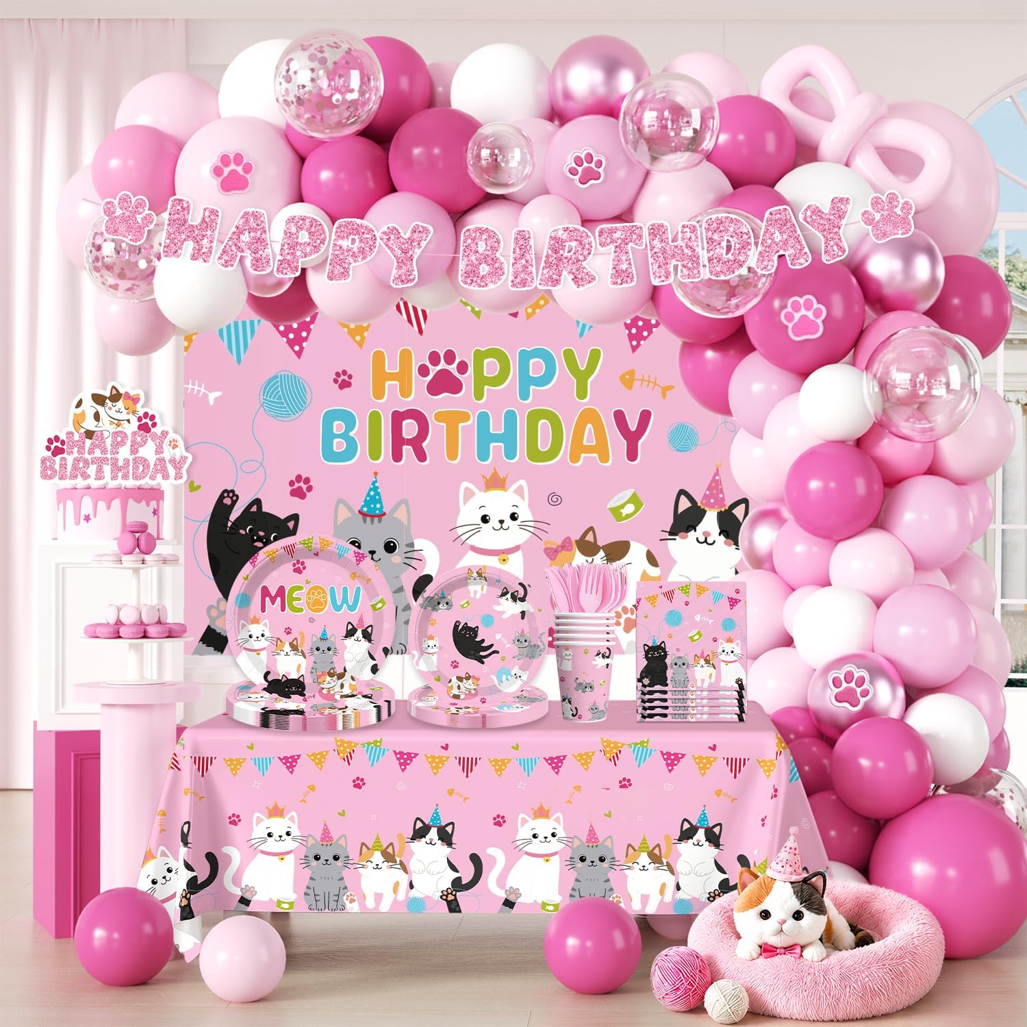 Cocomigo 226pcs Cat Birthday Decorations, All-in-one Pink Set Serves 20