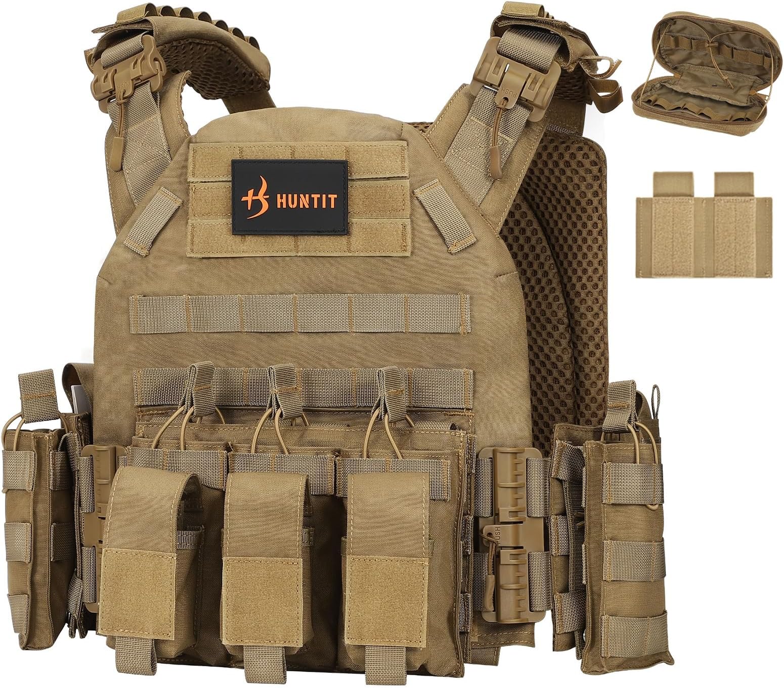 HUNTITTactical Vest Fully Adjustable Tactical Molle Vest Quick Release Airsoft Vest Weighted Vest with Utility Pouch (Brown)