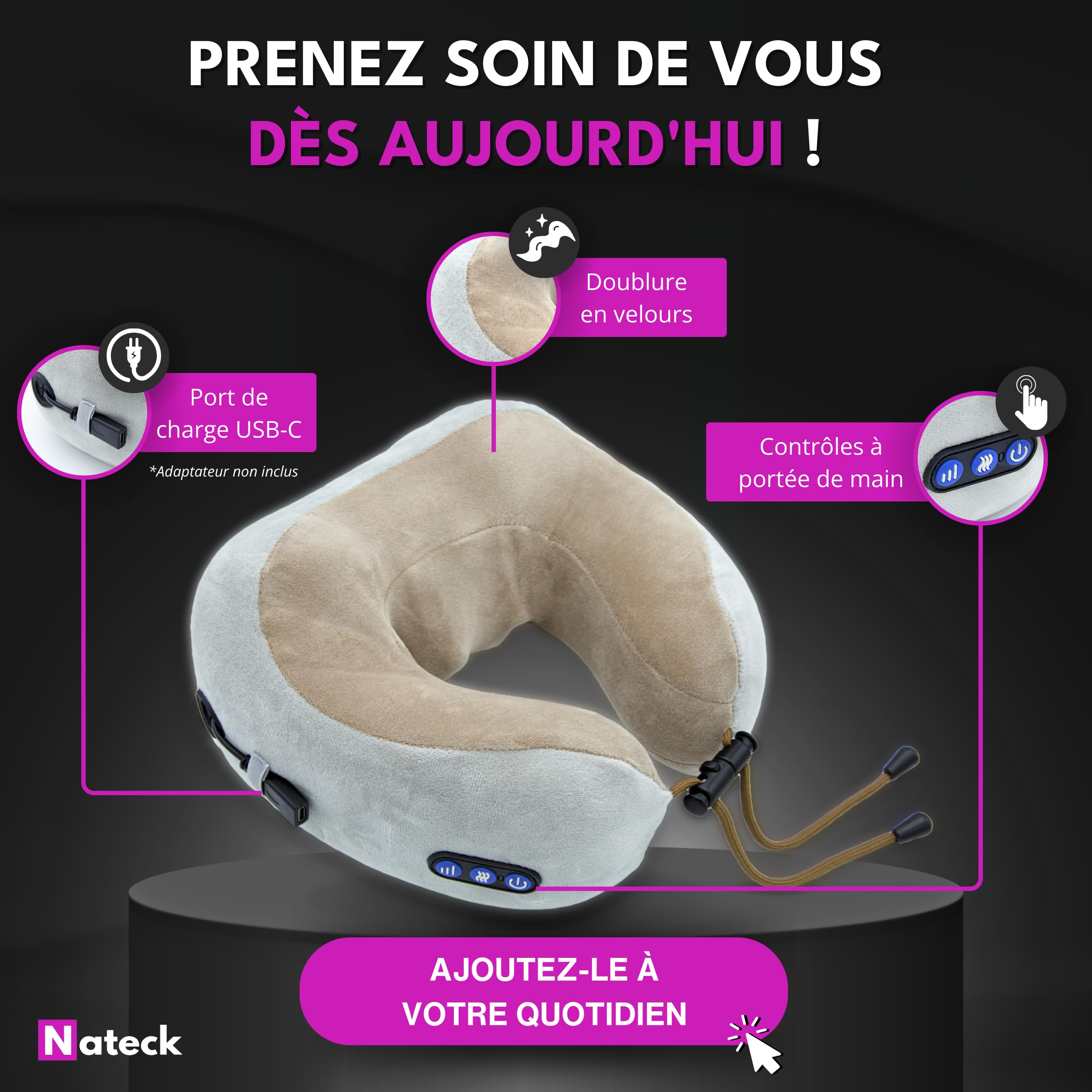Masseur cervical et cou | Coussin de massage chauffant idéal pour les cervicales douloureuses, appareil collier de massage idéal pour voyage en avion et relaxation Idéal cadeau original homme/femme