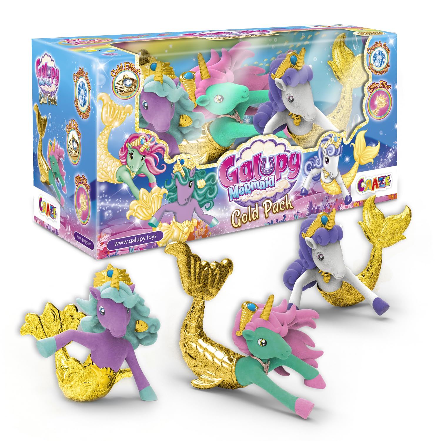 Galupy MERMAID Gold Edition Unicorn Toys – Set of 3 Figures with Golden Tails – Girls Toys Age 3+ – Magical Horse Playset Gifts for Children