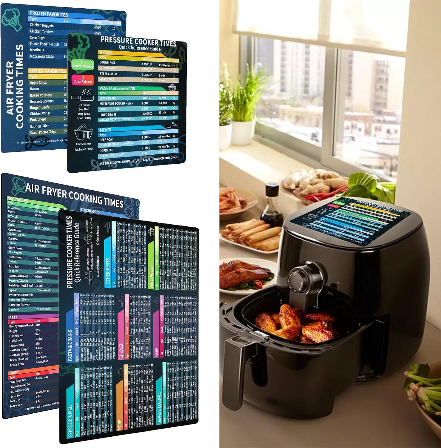 4Pcs Air Fryer Magnetic Cheat Sheet Set Air Fryer Cook Times Chart Quick Reference Pressure Cooker Magnet Sheet Waterproof Air Fryer Cookbook Guide for Beginners Cooking and Frying(4pcs)