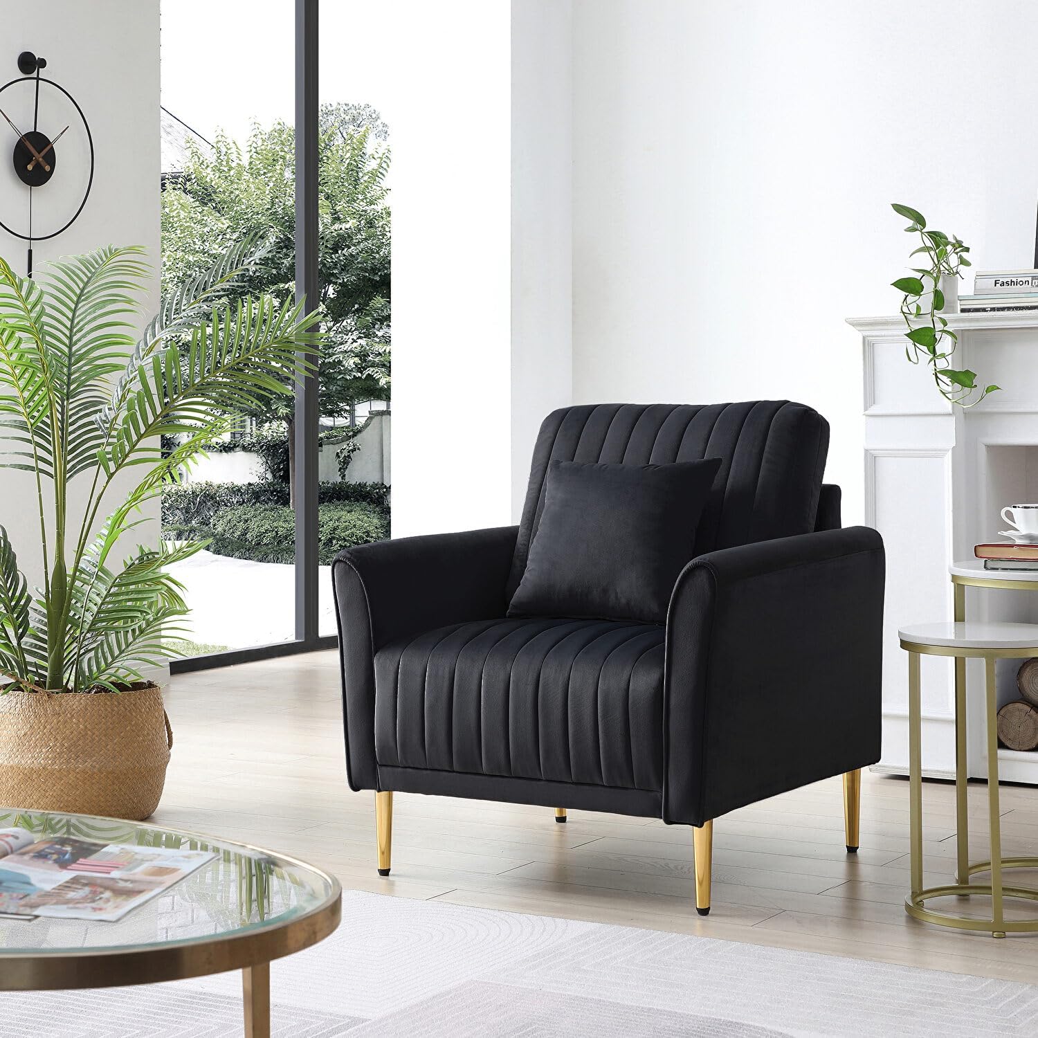 WOOD MANIA NEFF Luxury (Black) Velvet SS Gold Legs Armchair | Wingback Chair | High Back Wing Chair | Single Seater Chair for Living Room (Black)