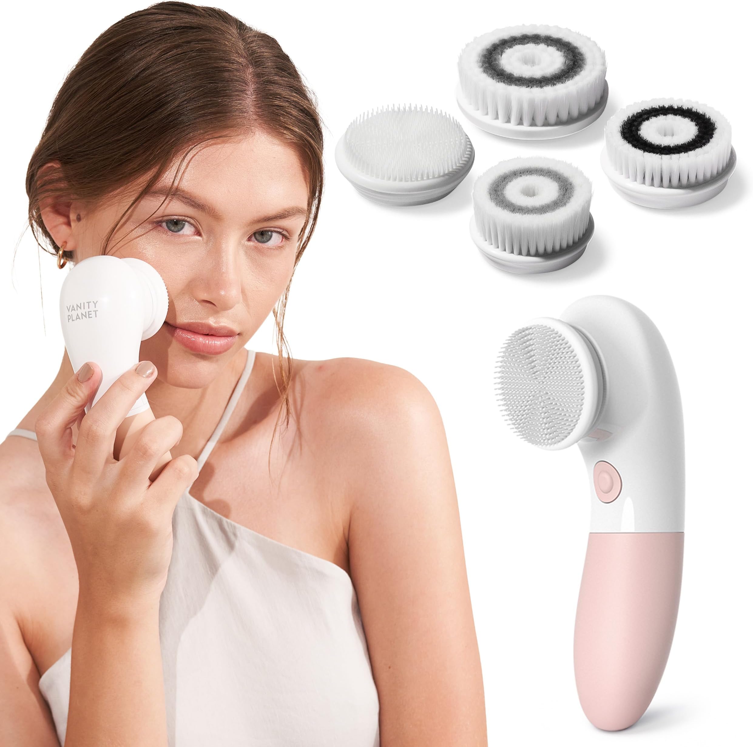 Vanity Planet (Dusty Pink) - Raedia Facial Cleansing Brush with 3 Interchangeable Brush Heads - Daily Cleansing Glowing Skin Lightweight Skin Brush Face Exfoliator Water Resistant (Dusty Pink)