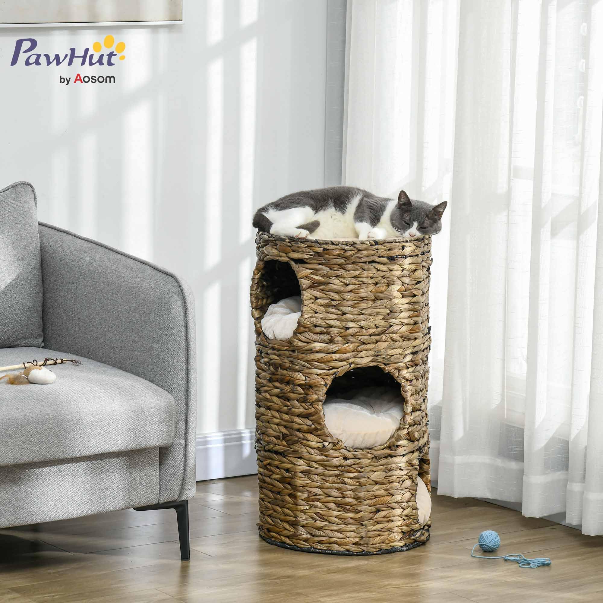 PawHut Barril rascador de 73 cm de Alto con 3 Cuevas, cojín, rascador con Cama para Gatos, Torre de Jacinto de Agua, Color marrón Oscuro