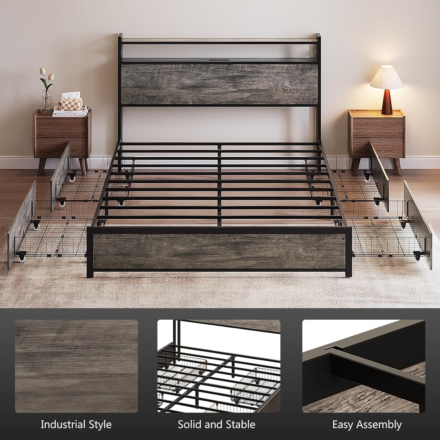 VINGLI King Bed Frame with 4 Storage Drawers and Adjustable Headboard Shelf, Metal Platform Captain Bed with Charging Station and RGB LED Lights, No Box Spring Needed, Noise Free, Wash Grey