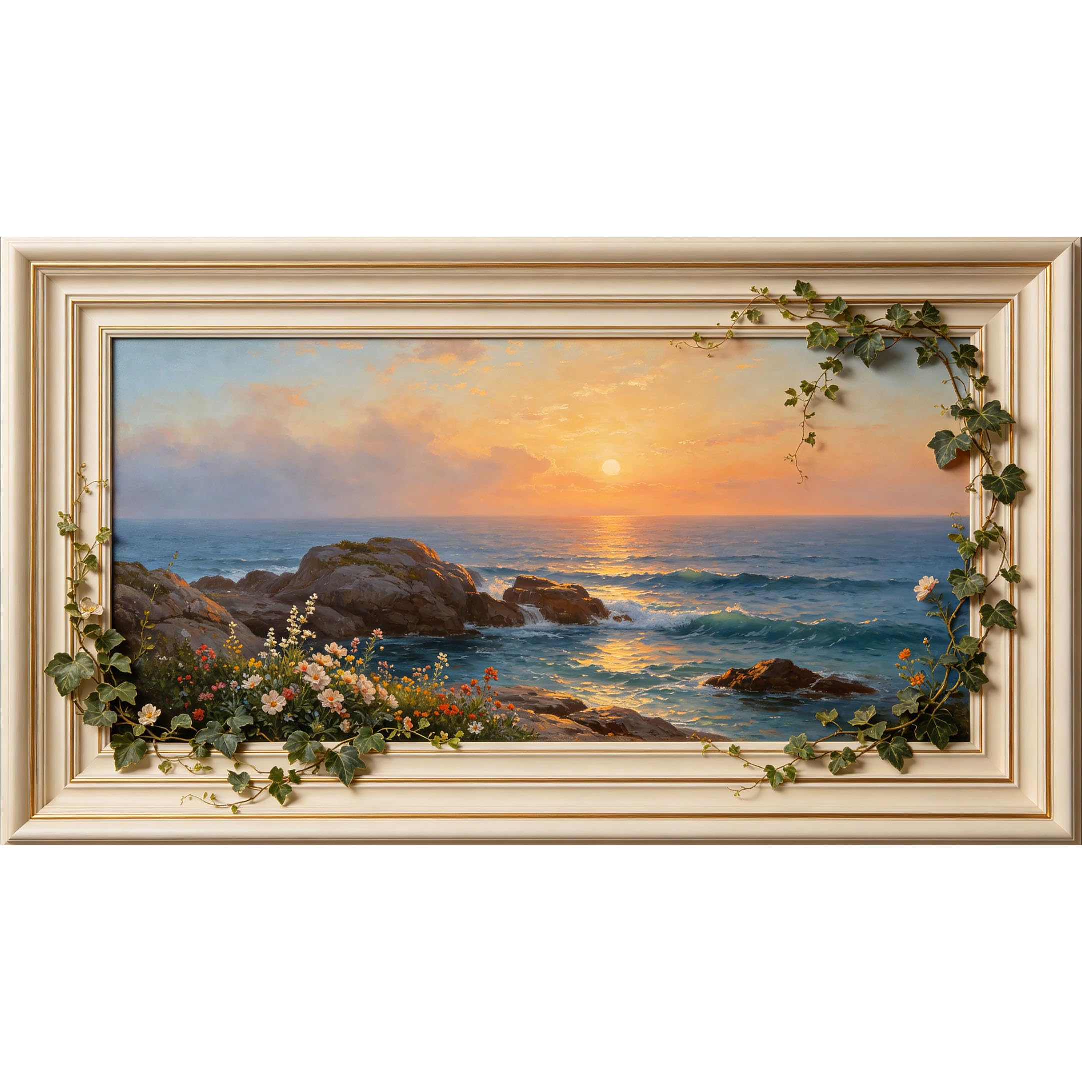 QZLITHOTIC 50×100cm 3D Framed Wall Art， Coastal Ocean Sunset Seaside Landscape with Rocky Shore and Wildflowers Self?Adhesive Mural， Water?Activated Peel & Stick Fabric Decor Wall Decal for Bedroom
