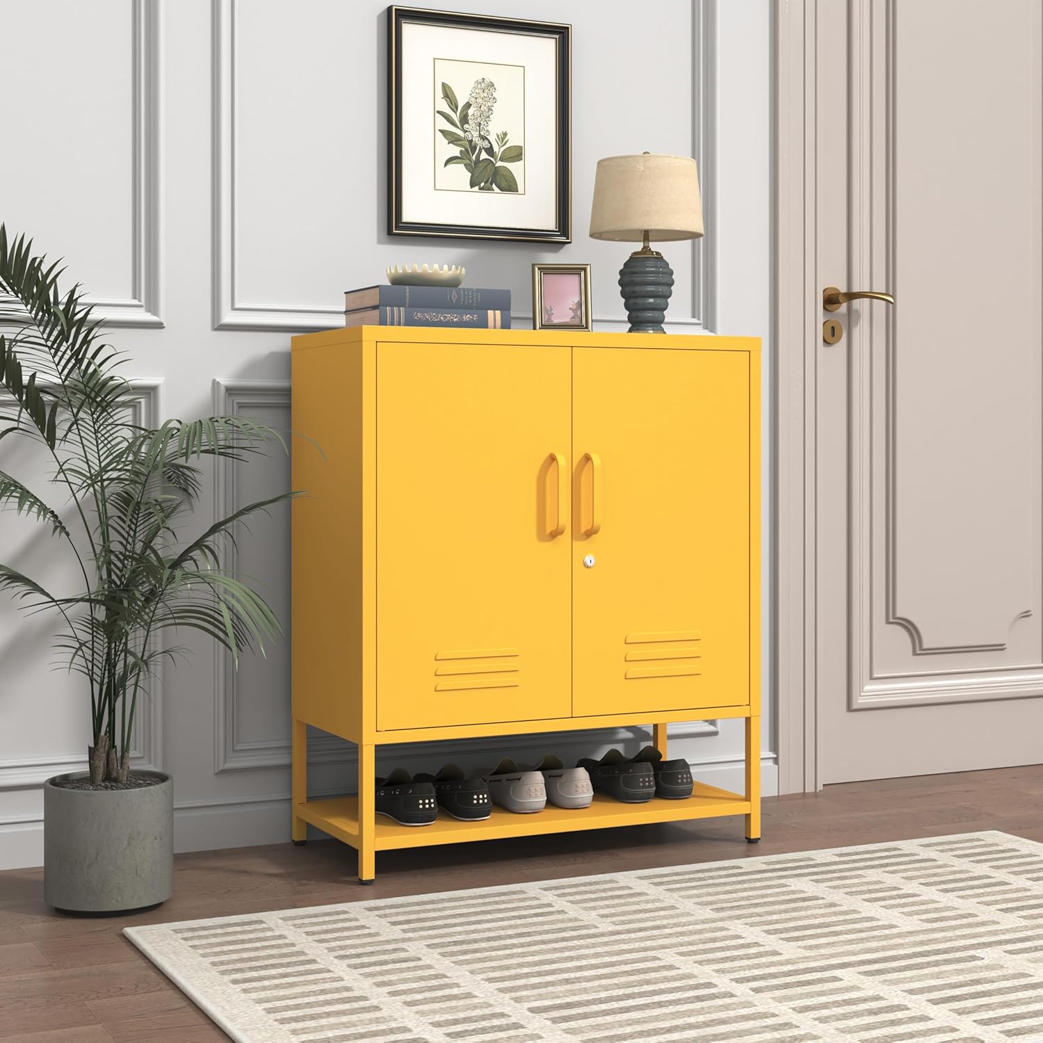 Wide 3-Tier Metal Shoe Storage Cabinet, 2-Door Multifunctional Shoe Organizer with Adjustable Shelf & Bottom Shoe Rack, for Home & Entryway Yellow 33" H X 29.5" W X 13.8" D