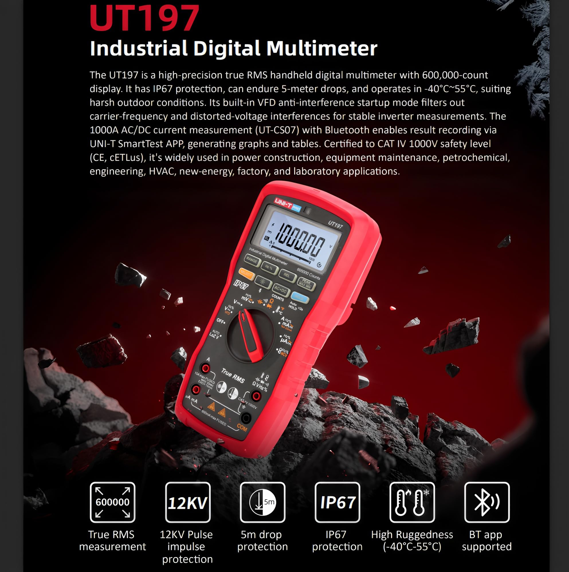 UNI-T UT197 Industrie-True-RMS-Digitalmultimeter – 600.000-Zähler-Anzeige, IP67 wasserdicht & staubdicht, 5-Meter-Sturzschutz, VFD-Interferenzunterdrückungsmodus