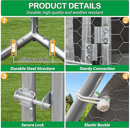 Miniatura 4 de Gallinero grande de metal, corralito con cubierta impermeable, jaula para aves de corral con techo de espuela para exteriores, patio trasero, granja