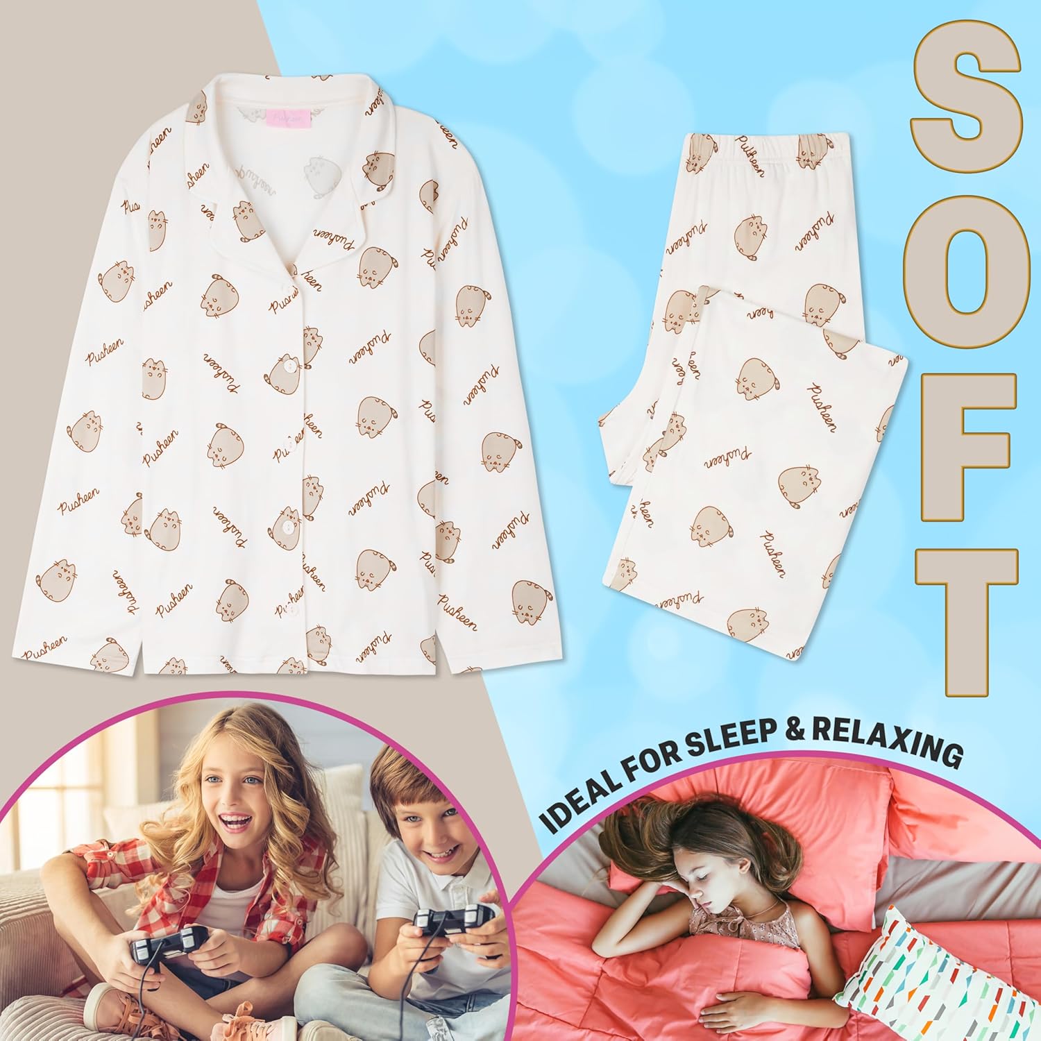 Get Trend Pusheen 2 Pc Pajama Set Girls, Teens, Soft Top, PJ Pants, Cozy Sleepwear, Warm Lounge Set, Kawaii Gifts for Girls - Image 2