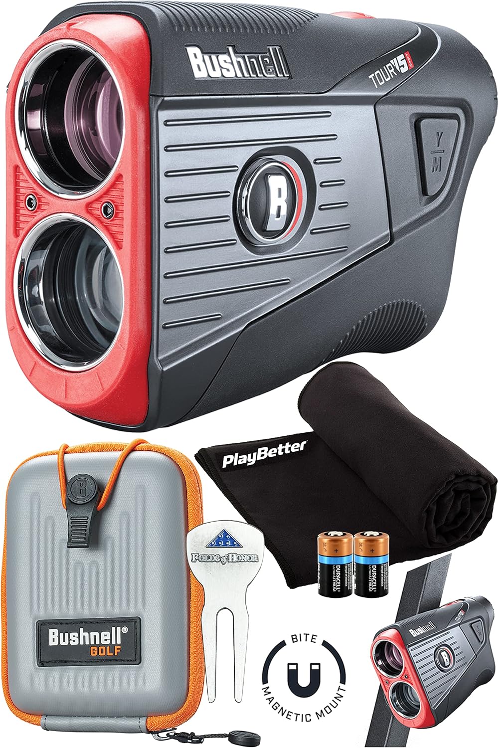 Bushnell Tour V5 Golf Laser Rangefinder Patriot Pack PlayBetter Bundle | with Carrying Case, Divot Tool, PlayBetter Microfiber Towel and Two Batteries | 2022 Best Golf Rangefinder | Pinseeker Jolt, 6X Mag | 201901P 201911P
