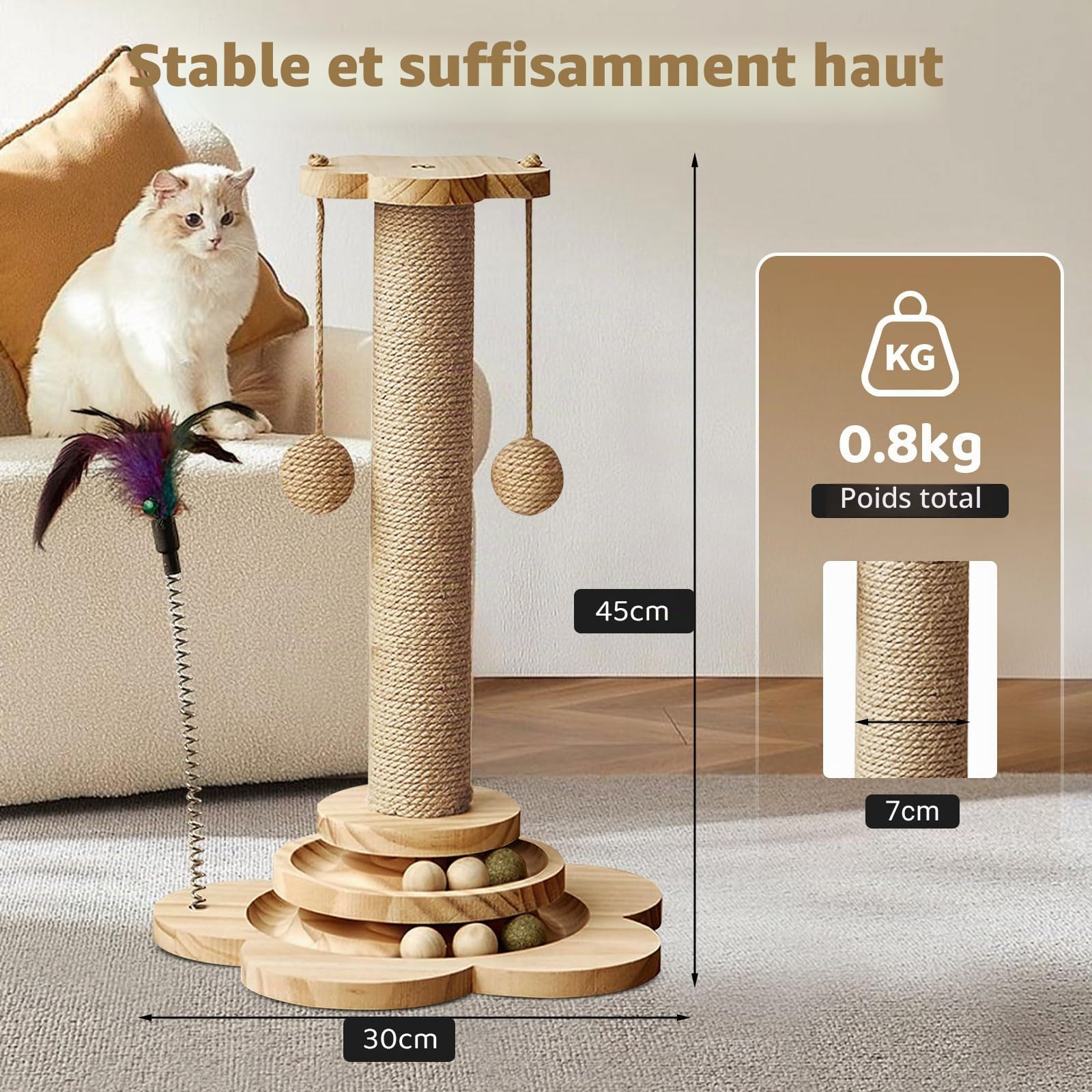 Arbre à chat en sisal naturel – Grattoir robuste pour petits chats d'intérieur – Jouet pour chaton avec griffoirs, plateforme de jeu et jouets – Assemblage facile – Design peu encombrant (45 cm de
