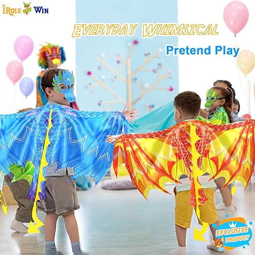 Miniatura 5 de iROLEWIN Máscara de disfraz de dinosaurio y alas de dragón para niños pequeños, disfraz de dinosaurio para niños y niñas, Halloween, juegos de