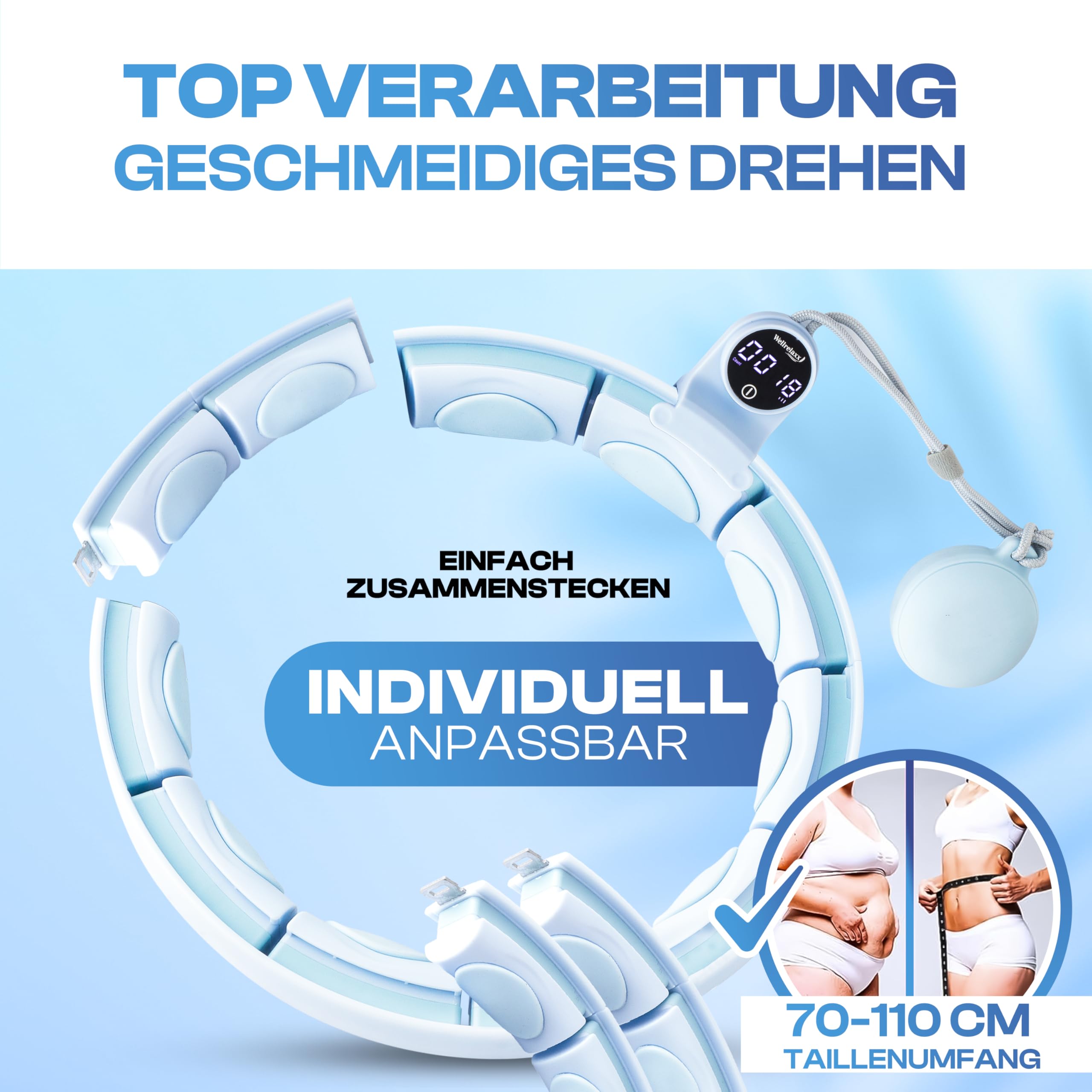 Wellrelaxx Smart Hula Hoop Testsieger leise und drehfreudig mit Zähler | Hula Hoop mit Gewicht Kugel | Hullahub Reifen zum Abnehmen für Training mit Spaß | Umfang 70-110cm
