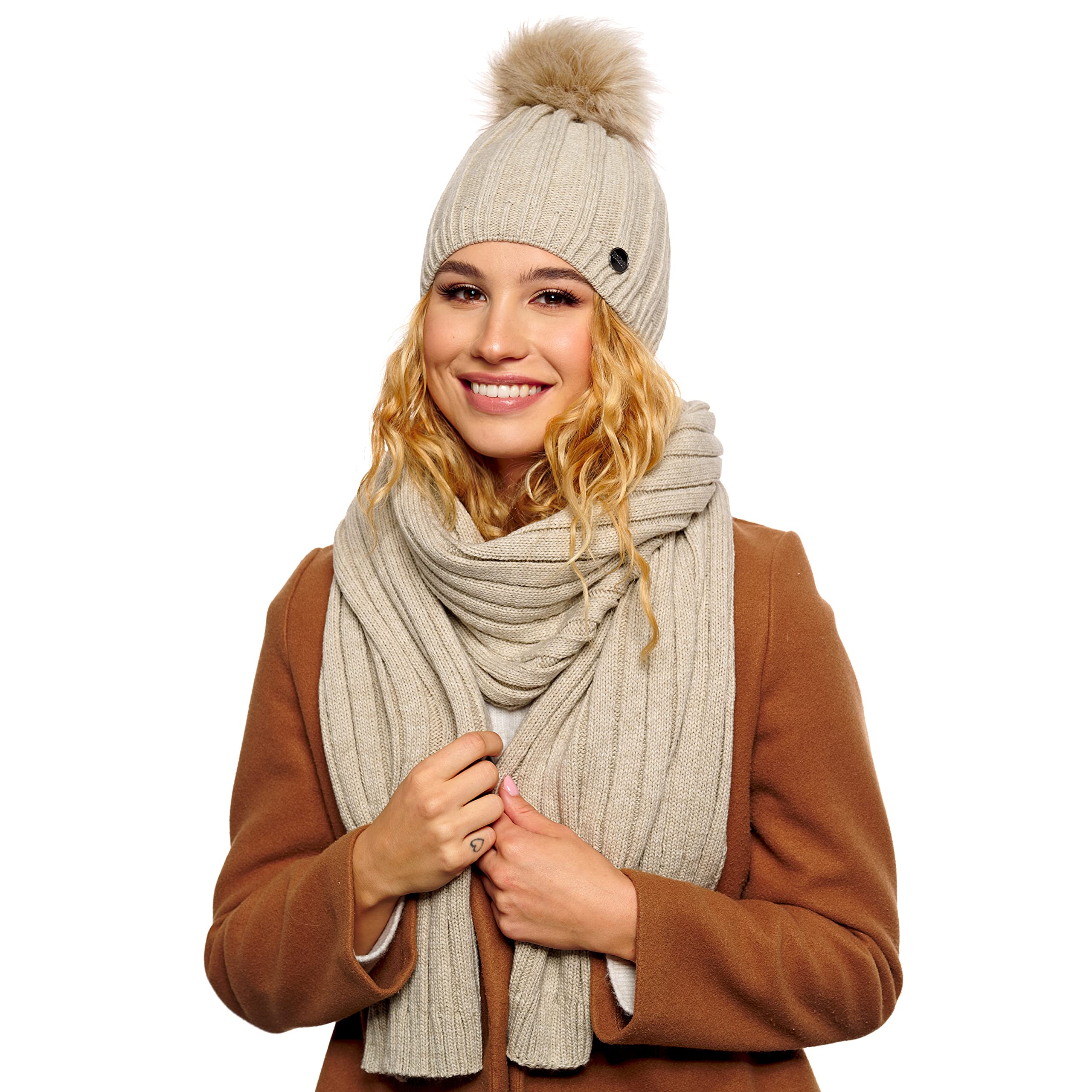 ELIMELI® Kaschmir Mütze Damen Winter warme Strickmütze Wollmütze mit Kaschmir Wintermütze mit Kunstfell Bommel Slouch Strick Beanie Damen für Winter Bommelmütze Hergestellt in EU