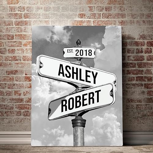 Miniatura 11 de Lienzo de letrero de calle Crossroad con nombre personalizado para parejas, arte de pared vintage personalizado con fecha, Regalo de San Valentín