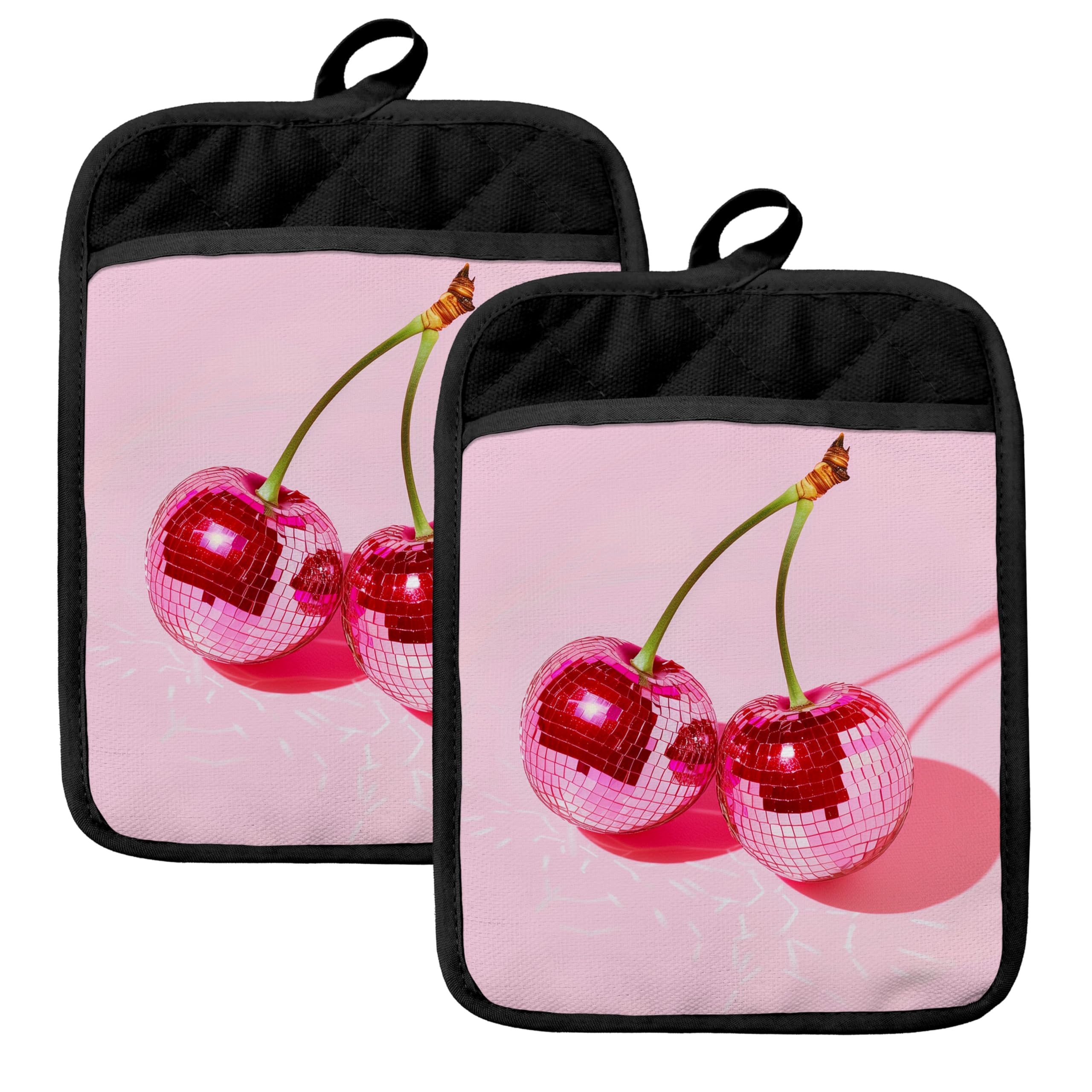 Trendy Pink Disco Ball Cherry Oven Mitts Set, Cherry Gifts for Women, Pink Heat Resistant Kitchen Oven Gloves for Baking and Cooking,Pot Holders
