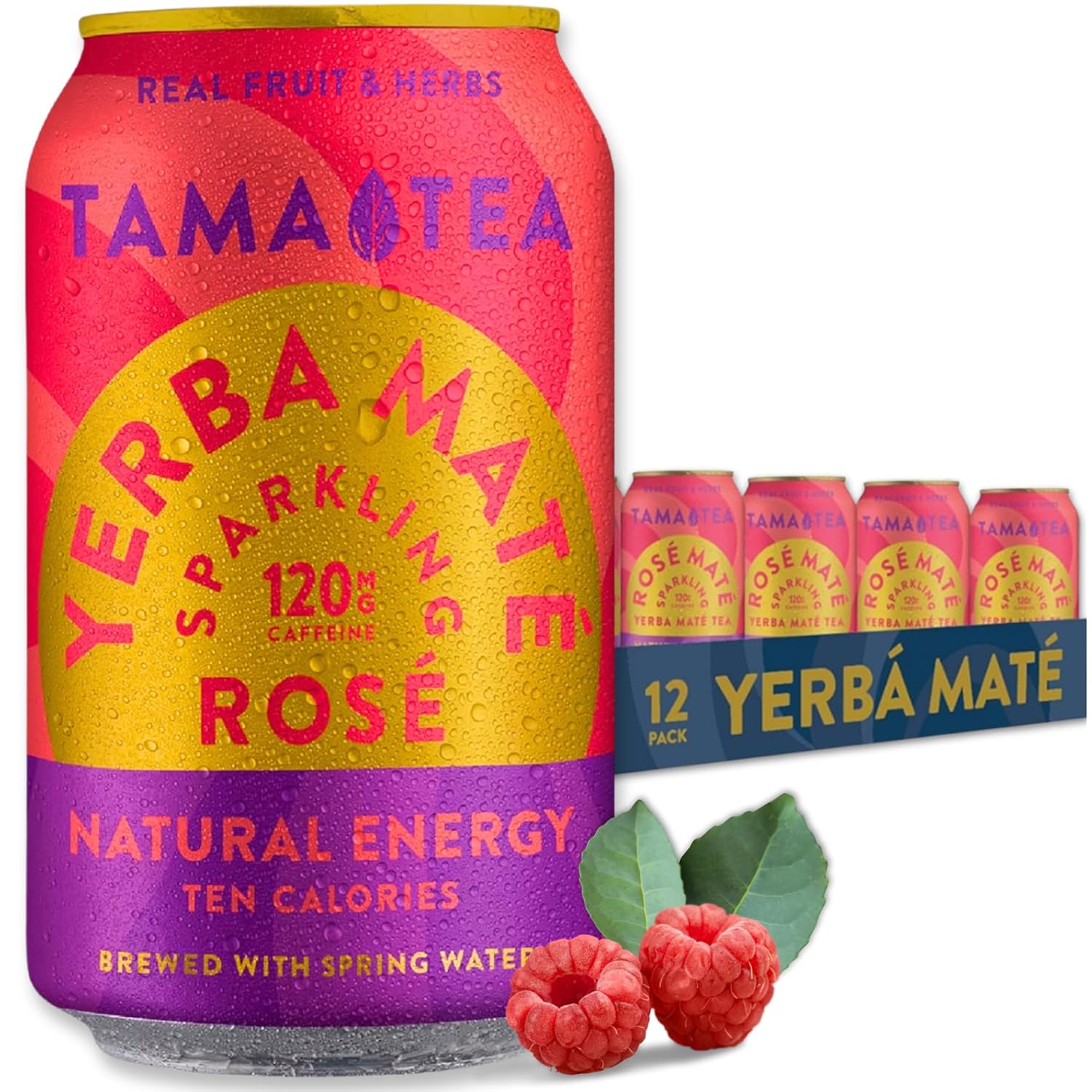 Organic Sparkling Rosé Yerba Mate Tea, Unsweetened by Tama Tea - Sugar Free Energy Drink Alternative, 120mg Natural Caffeine, 12 oz (12-Pack)