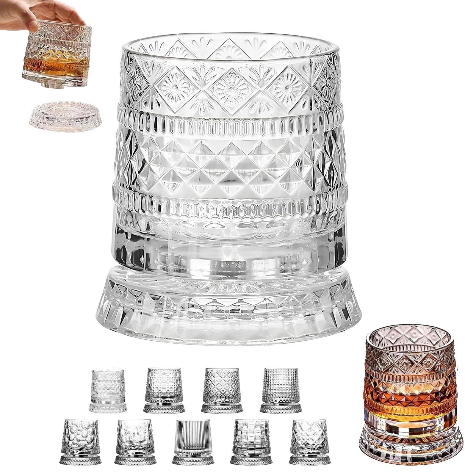 Spinning Crystal Whiskey Glasses, Rotating Whiskey Glass with 360° Spinning Base, Heavy Old Fashioned Crystal Tumbler for Bourbon, Scotch, Rum, Cocktail Gift for Men (Style F)