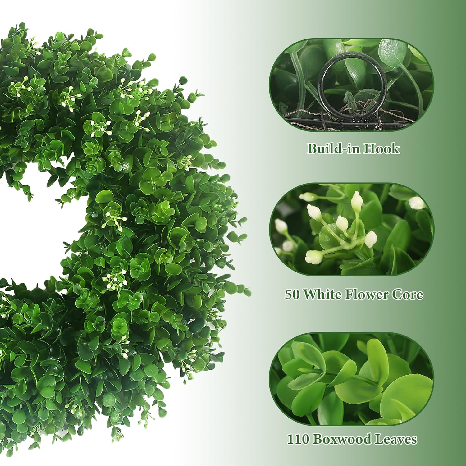 20'' Boxwood Wreaths for Front Door, UV Resistant Leaves & White Flower Buds, Artificial Green Spring Wreath with a Sash for Farmhouse Wedding Outdoor Indoor Summer St Patricks Day Decor - Image 2