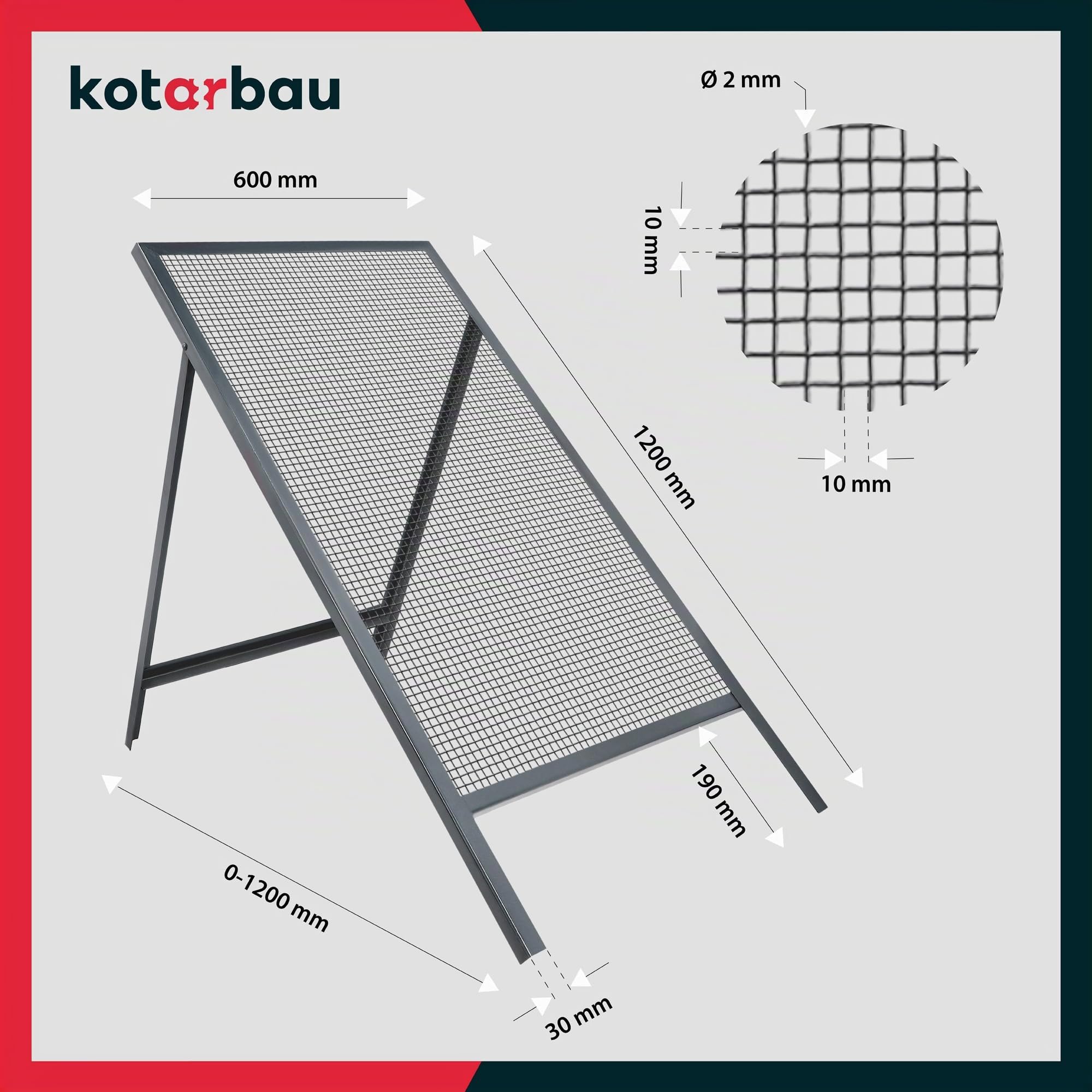 KOTARBAU® Tamis Jardinage - 10 x 10 mm - Acier - Tamis Sable - 60 x 120 cm - Gris - pour Sable Terre Cailloux - Robuste et Durable
