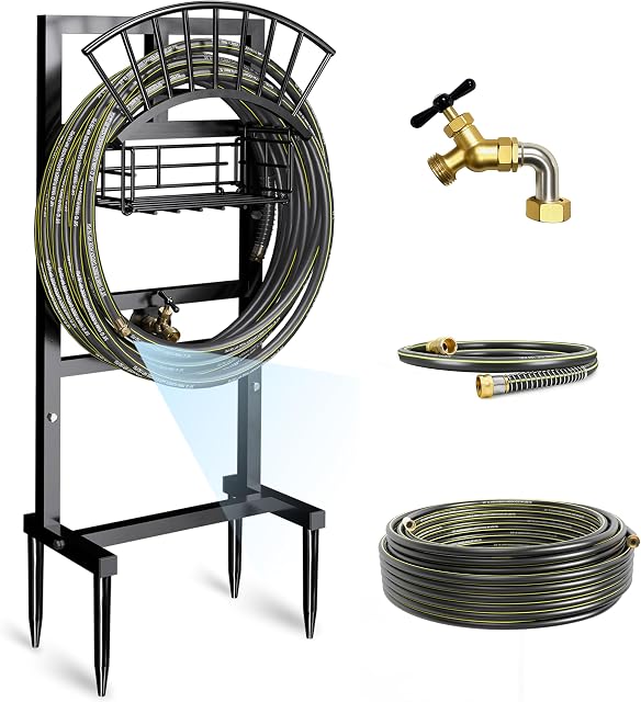 Porte-pierre de jardin inclure le robinet en laiton, 45ft Tuyau en caoutchouc, 5ft Chef Hose 4 Spike, en liberté, 2 Barres moyennes pour améliorer la stabilité, Anti-Rust Outdoor, Fixting en laiton, Organisateur Tidy
