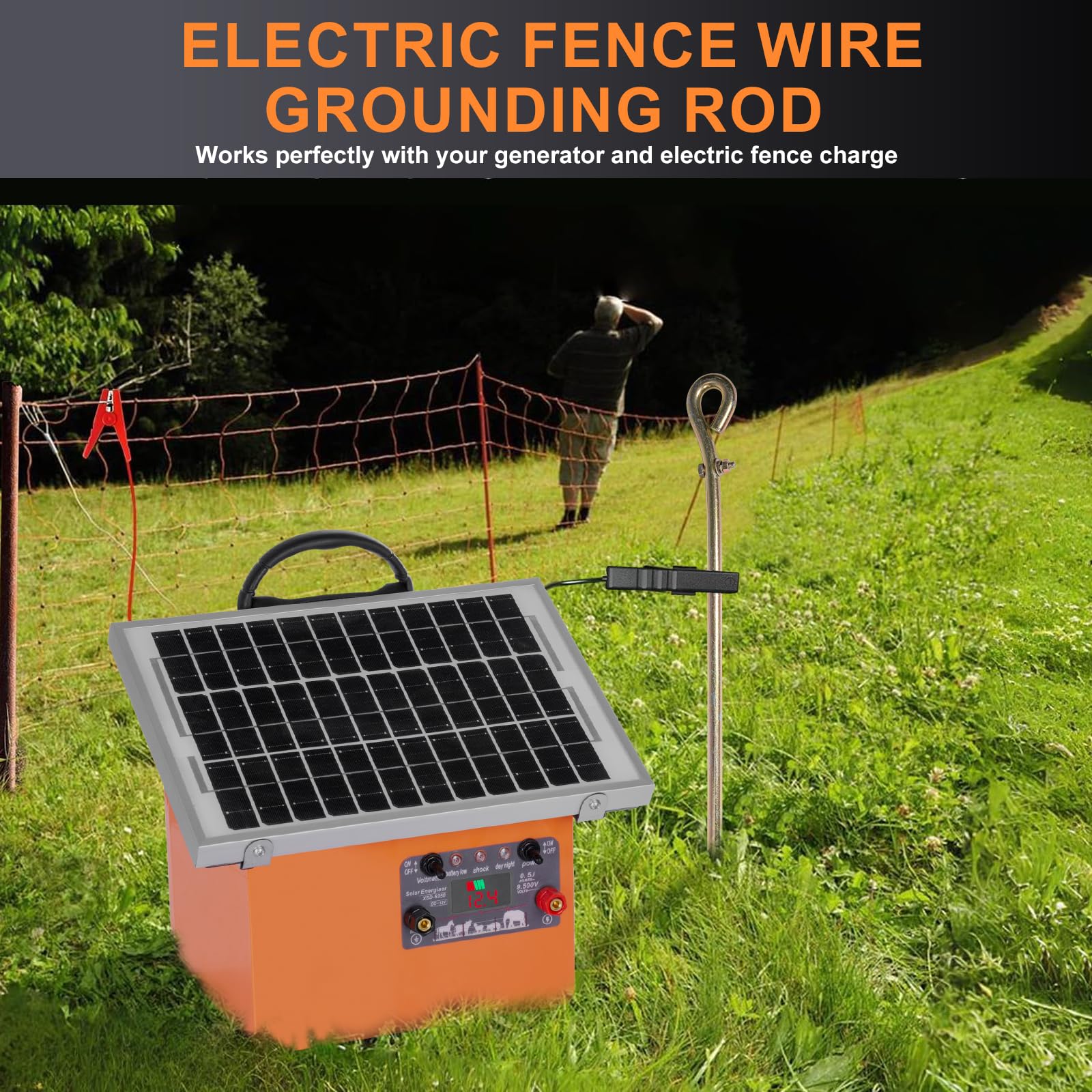 Varilla de Puesta a Tierra para Cerca Eléctrica 45 cm, Cable con Pinzas para Energizador y Cargador Solar, Accesorios para Cerca Eléctrica