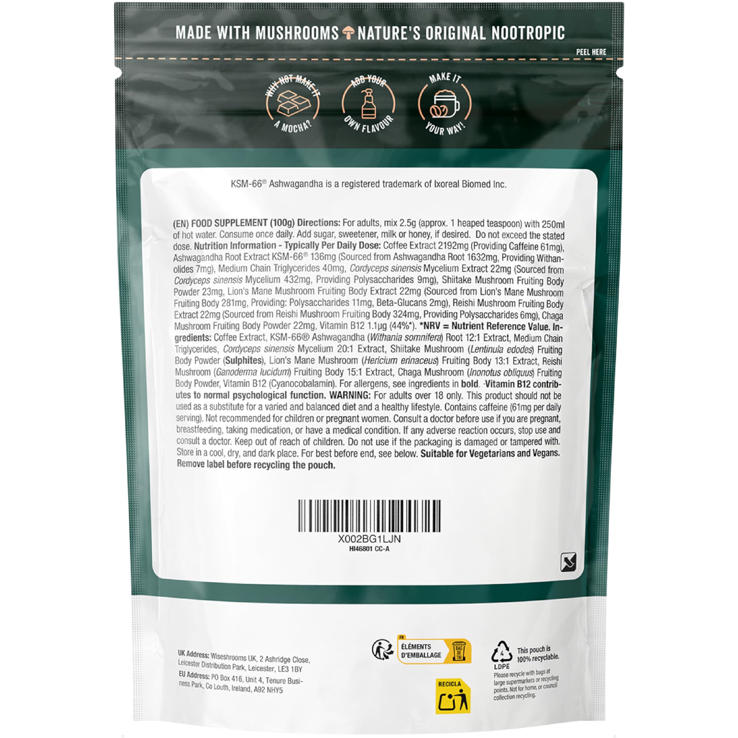 Pilz Kaffee mit Ashwagandha KSM-66 | 40 Portionen | 5 Pilz Komplex mit Löwenmähne, Cordyceps, Shiitake, Reishi, Chaga & Zugesetzt Vitamin B12 | von Wiseshrooms
