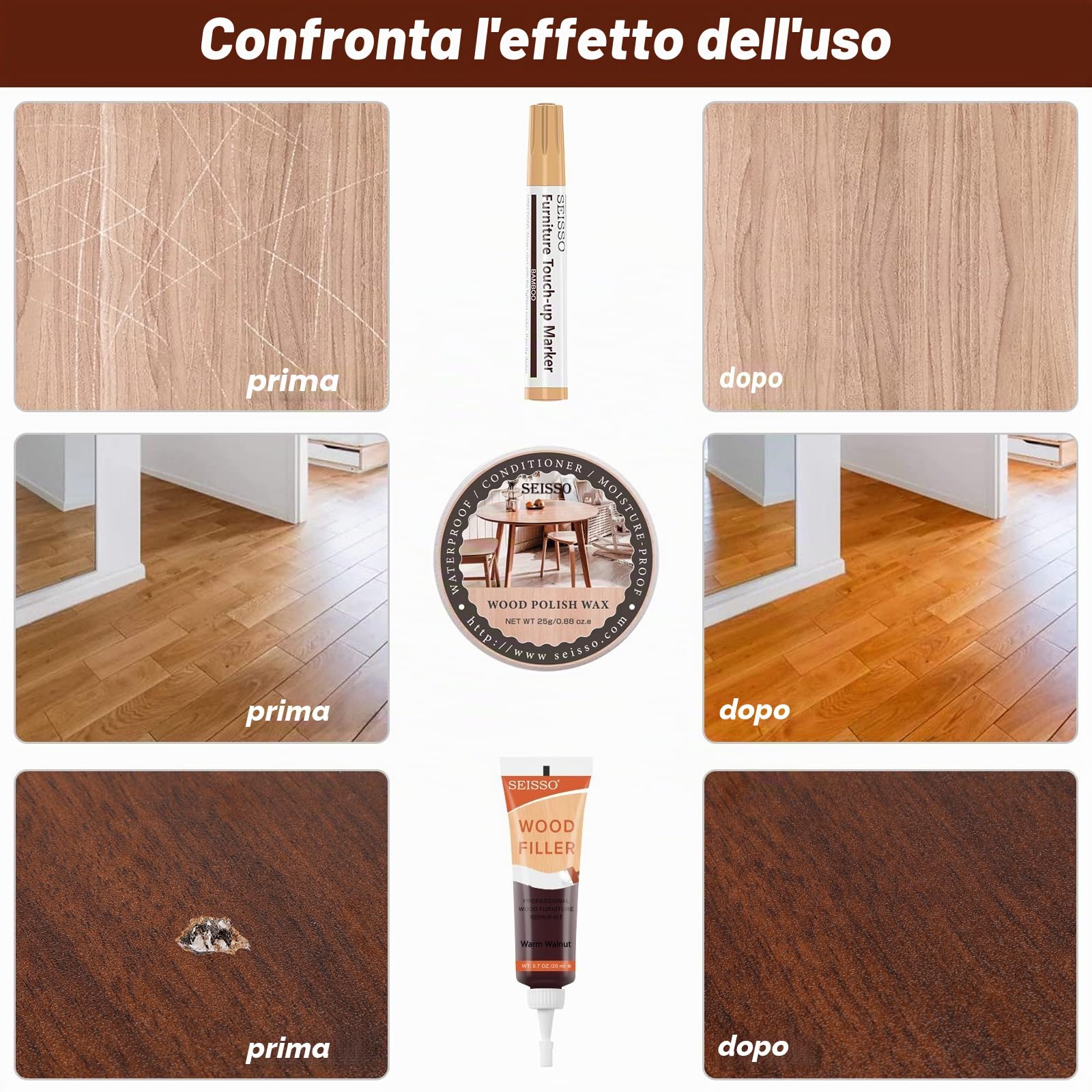 SEISSO Kit di Riparazione per Mobili in Legno, con 6 Stucchi per Legno, 6 Pennarelli per Ritocco e Cera Lucidante per Legno per Graffi, Macchie, Crepe, per Mobili in Legno, Porte, Laminati, Tavoli