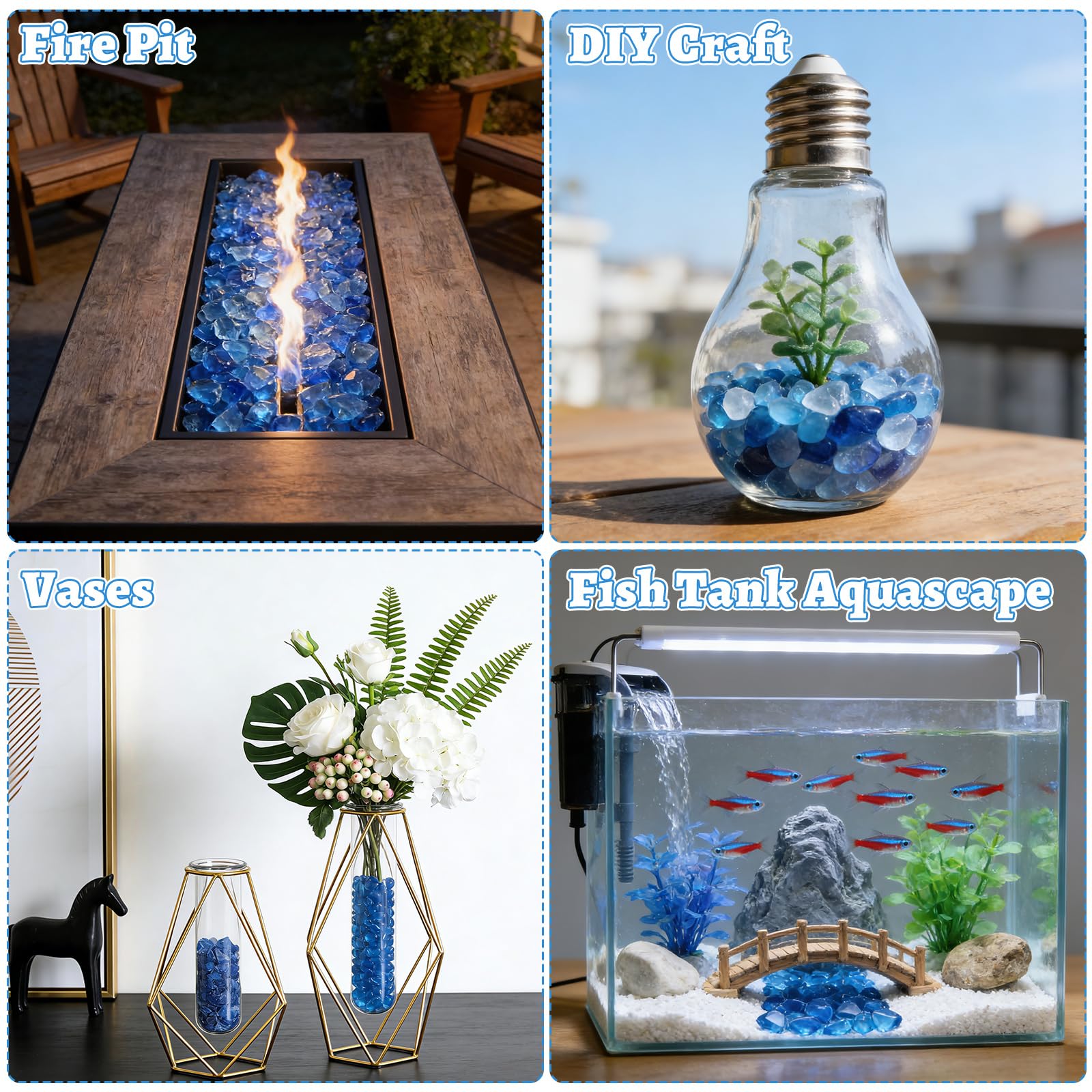 Ghiaia decorativa per acquario, 3 kg, in vetro blu (6-9 mm), sicura per tartarughe, riempitivo per vasi, pietre da giardino, vasi per piante e acquario