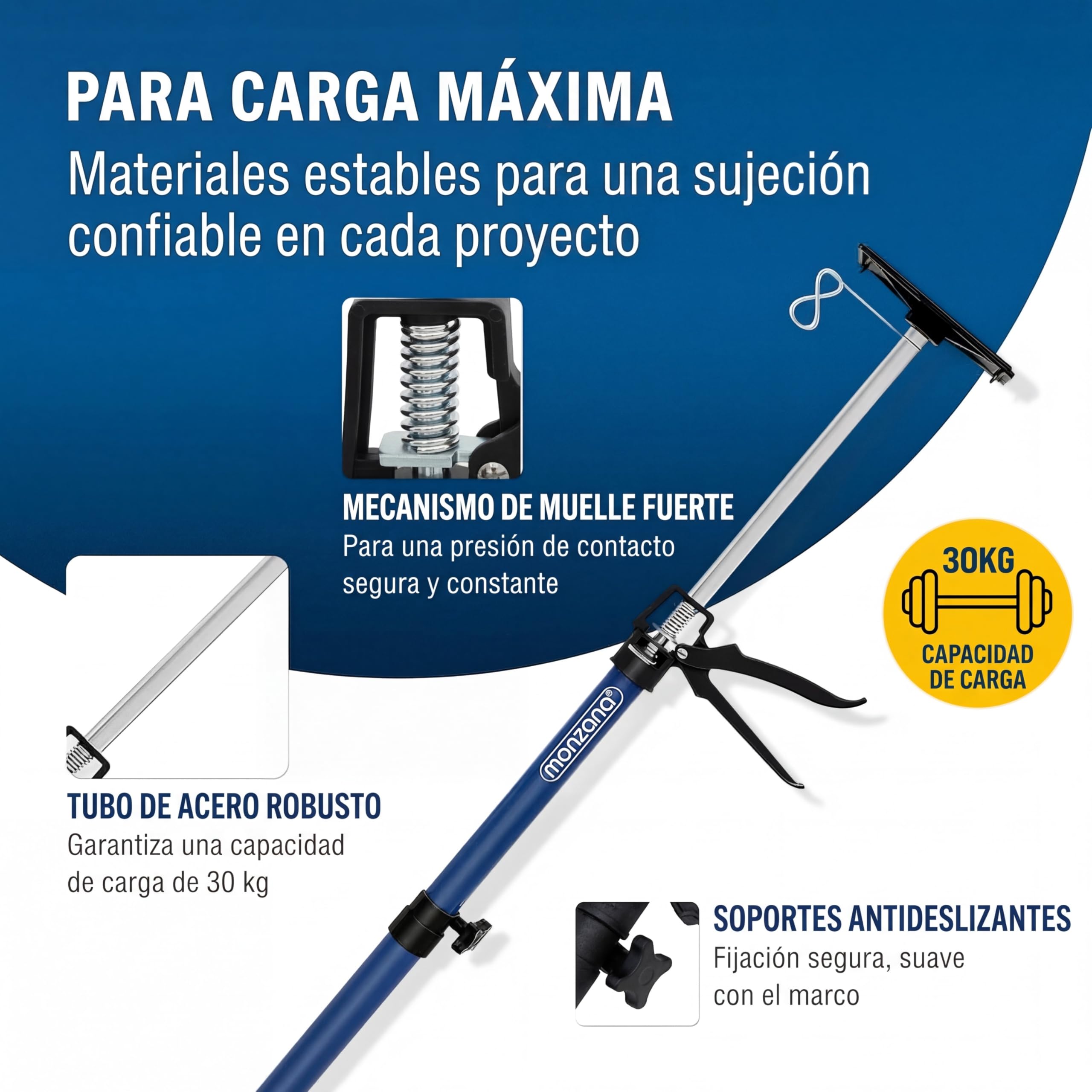 DEUBA® Set 3x Puntales Telescópicos Extensibles Obra Tensores Puerta Ajustables 50-115cm Puntal Tensor Poste Acero Placas Presión Goma Antideslizante Instalación Techo Paneles Pladur Carga 30kg