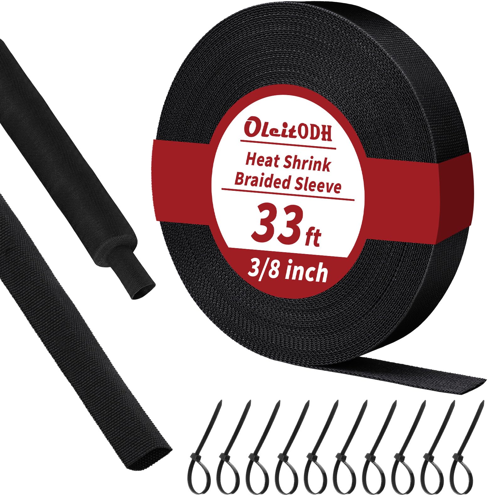 Oleitodh 33 ft 3/8 in 2:1 Heat Shrink Braided Sleeving, Black