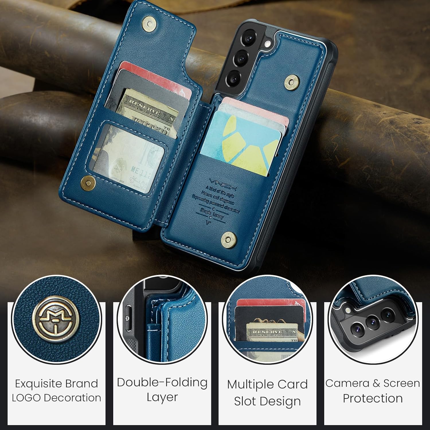 Vinich for Samsung Galaxy S22 Plus Wallet Case with Card Holder, RFID Blocking Credit Slots Kickstand Shockproof Phone Cover Fit for Galaxy S22 Plus 6.6" Blue - Image 9