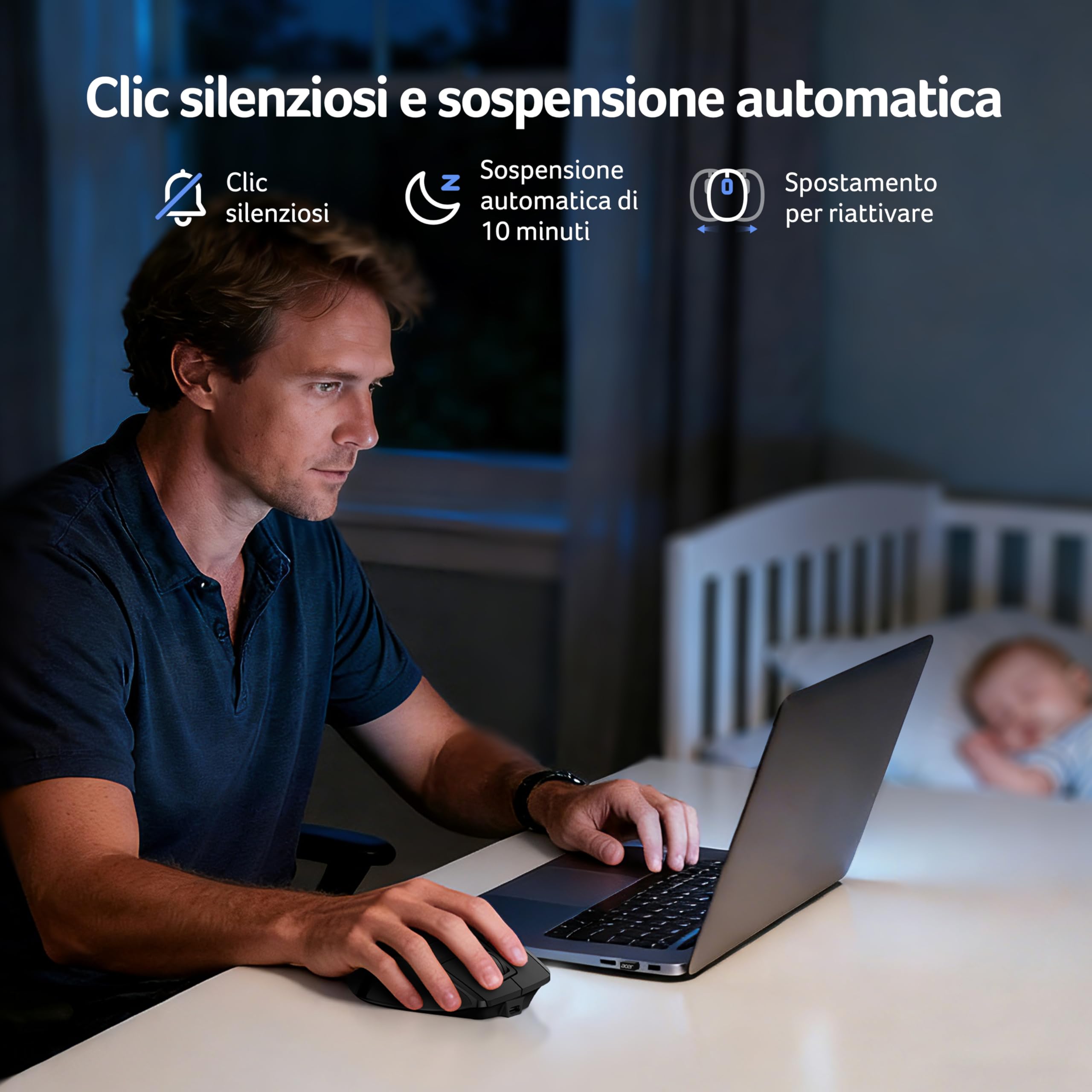 Acer Mouse Wireless Tri-Mode con Schermo OLED, Mouse Bluetooth 4000 DPI | Per 4 Dspositivi (2,4 GHz + Bluetooth 5.2 + cablato), Mouse Ergonomico Ricaricabile, 5 Pulsanti Programmabili per PC