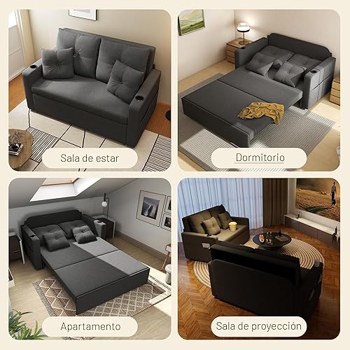 Miniatura 8 de Sofá cama 3 en 1, sofá cama convertible de 56 pulgadas, sofá biplaza con portavasos, USB, sofá para sala de estar, dormitorio, apartamento, gris
