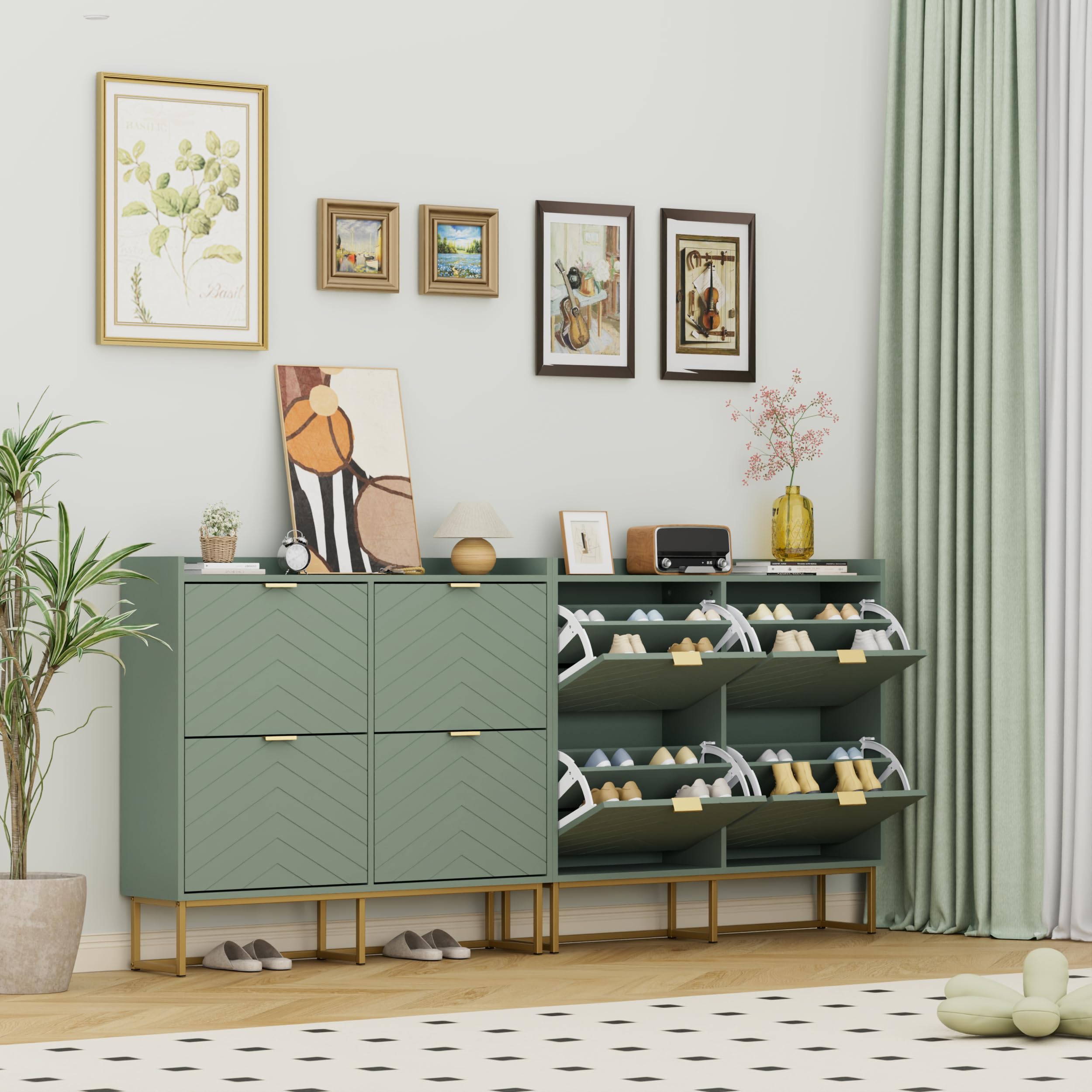 UEV Schuhschrank mit 4 Klappen Schmal,Freistehendes Schuhregal mit Kippschutz, Schuhkommode mit verstellbaren Trennwände, 98,5x24x103,5cm,Schuhablage Schrank für Flur Eingang und Wohnzimmer,Grün