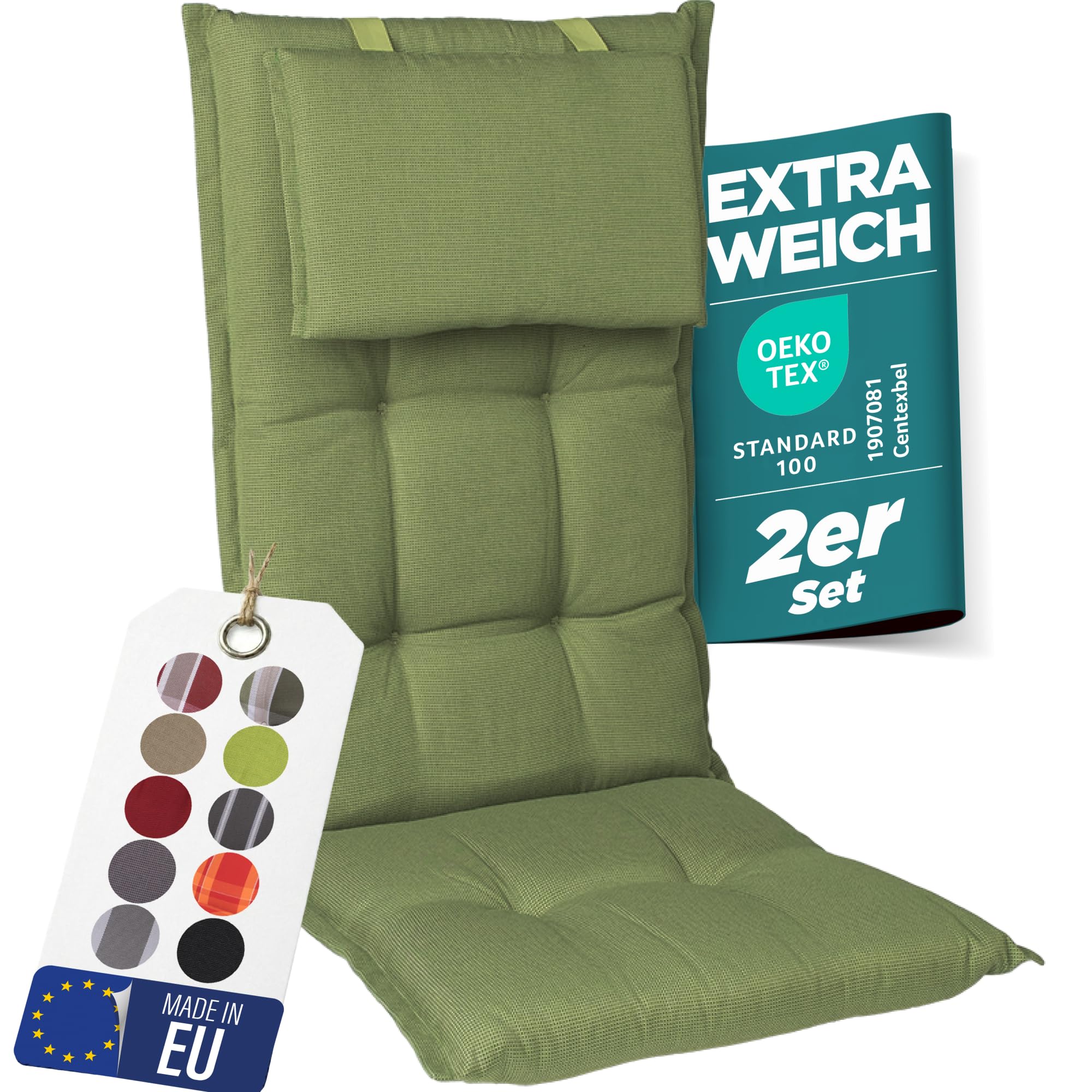 Gartenstuhlauflagen Hochlehner mit Kopfteil I Extra Dicke Sitzauflagen I Made in EU I Polsterauflagen für Hochlehner I Auflagen mit extra hoher Lichtechtheit I 2er Set I Grün