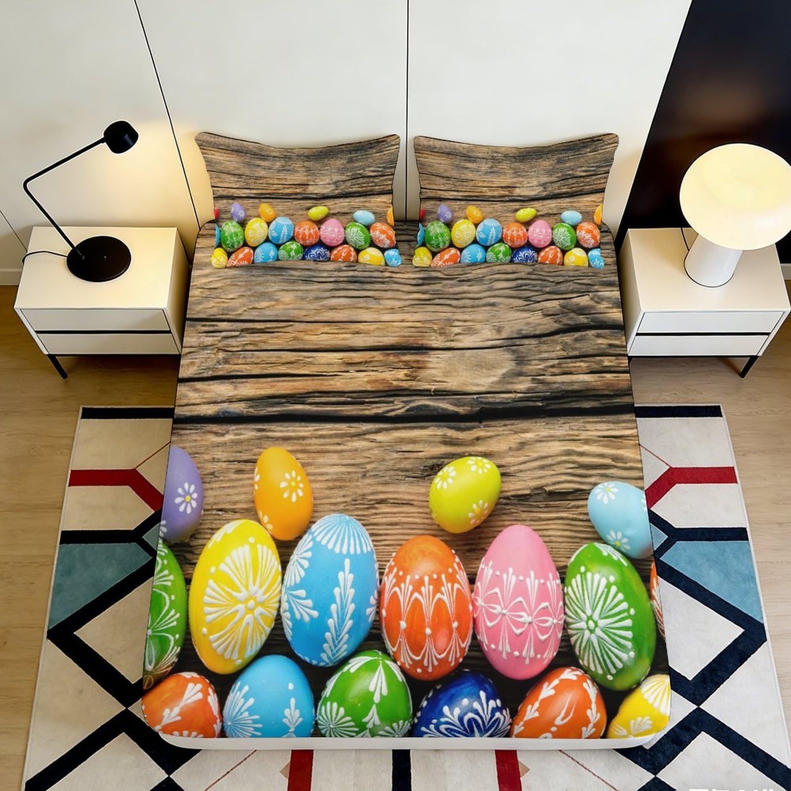 3D Printed Easter Egg Fitted Sheet Microfiber Deep Pocket Bedroom Bedding Colorful Egg Mattress Fitted Cover Non-Slip for Home 120x200x25cm
