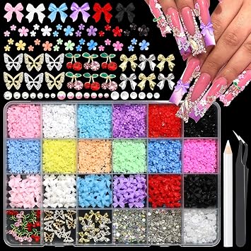 RODAKY Flower Nail Charms 3D Bow Butterfly Charm for Nails Art Cute Cherry Nail Gems Flatback Rhinestone White Nail Pearls Beads 24 Grids Nail Decoration Kit with Tweezer